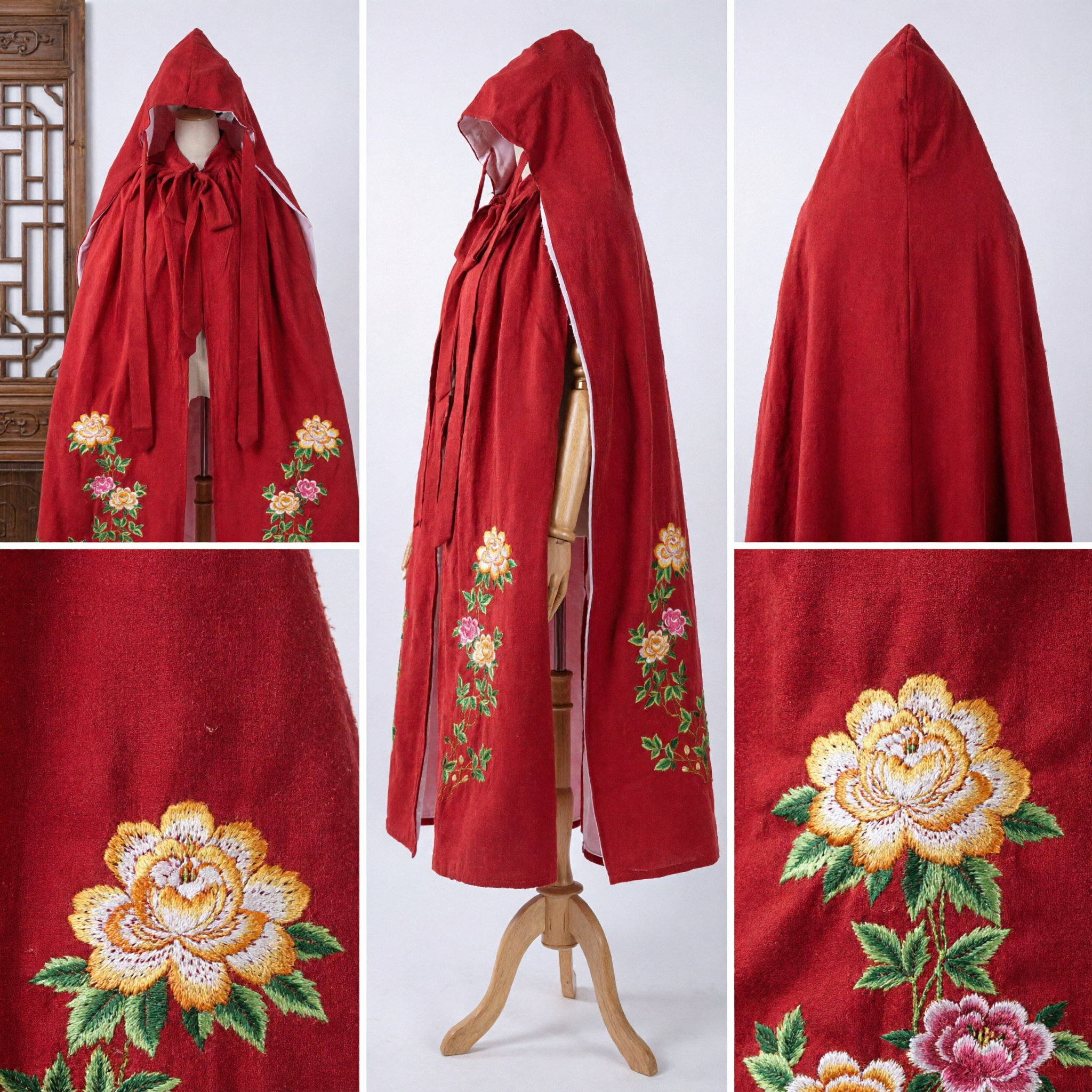 Capa Hanfu Chinês Tradicional Vermelha com Capuz e Bordado Floral para Cosplay Feminino de Inverno - Asian Costume