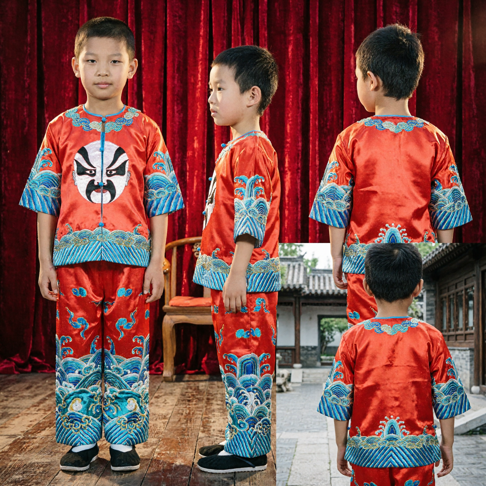 Boys Traditional Chinese Opera Face Mask Kung Fu Costume Red Satin Performance Suit for Kids - Asian Costume