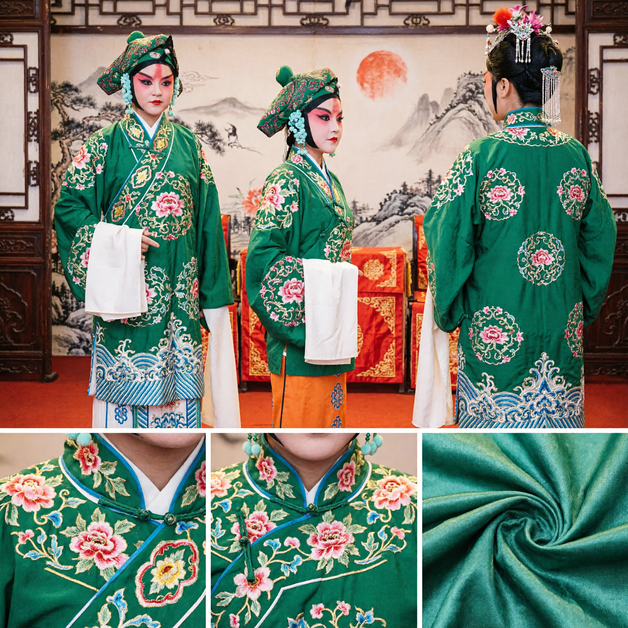 Costume da Opera di Pechino Tradizionale Cinese Verde, Veste Marziale Ricamata per Spettacoli sul Palco e Festival Culturali per Bambini - Asian Costume