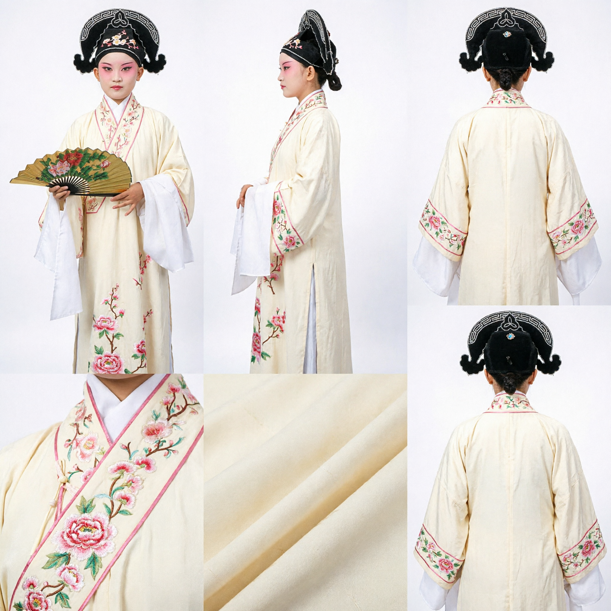 Costume dell'Opera di Pechino Tradizionale Cinese, Set da Studioso Antico con Veste Gialla Ricamata, Copricapo e Ventaglio per Spettacolo - Asian Costume