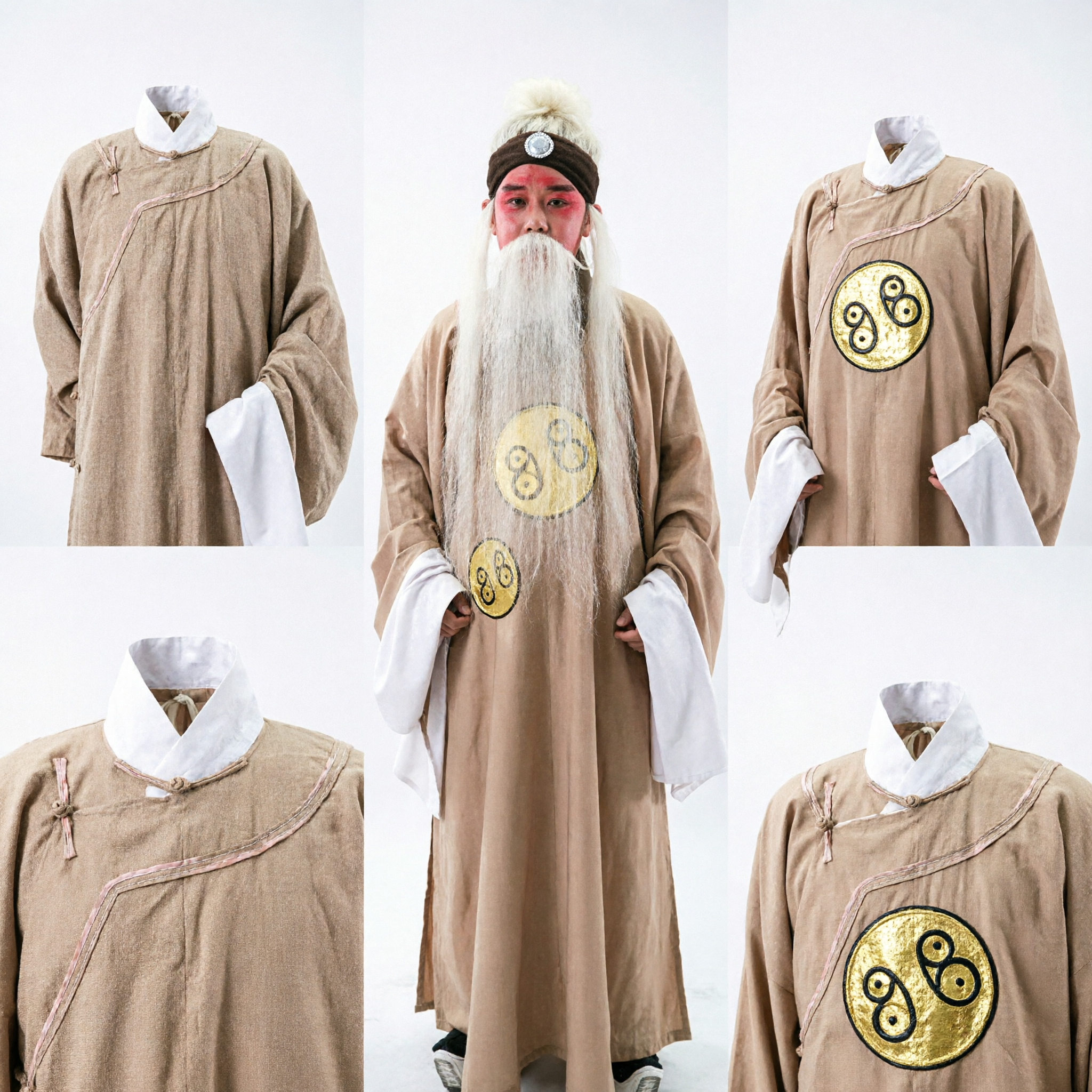 Costume dell'Opera di Pechino Tradizionale Cinese, Veste da Sacerdote Taoista Antico con Barba Bianca e Copricapo per Uomini - Asian Costume