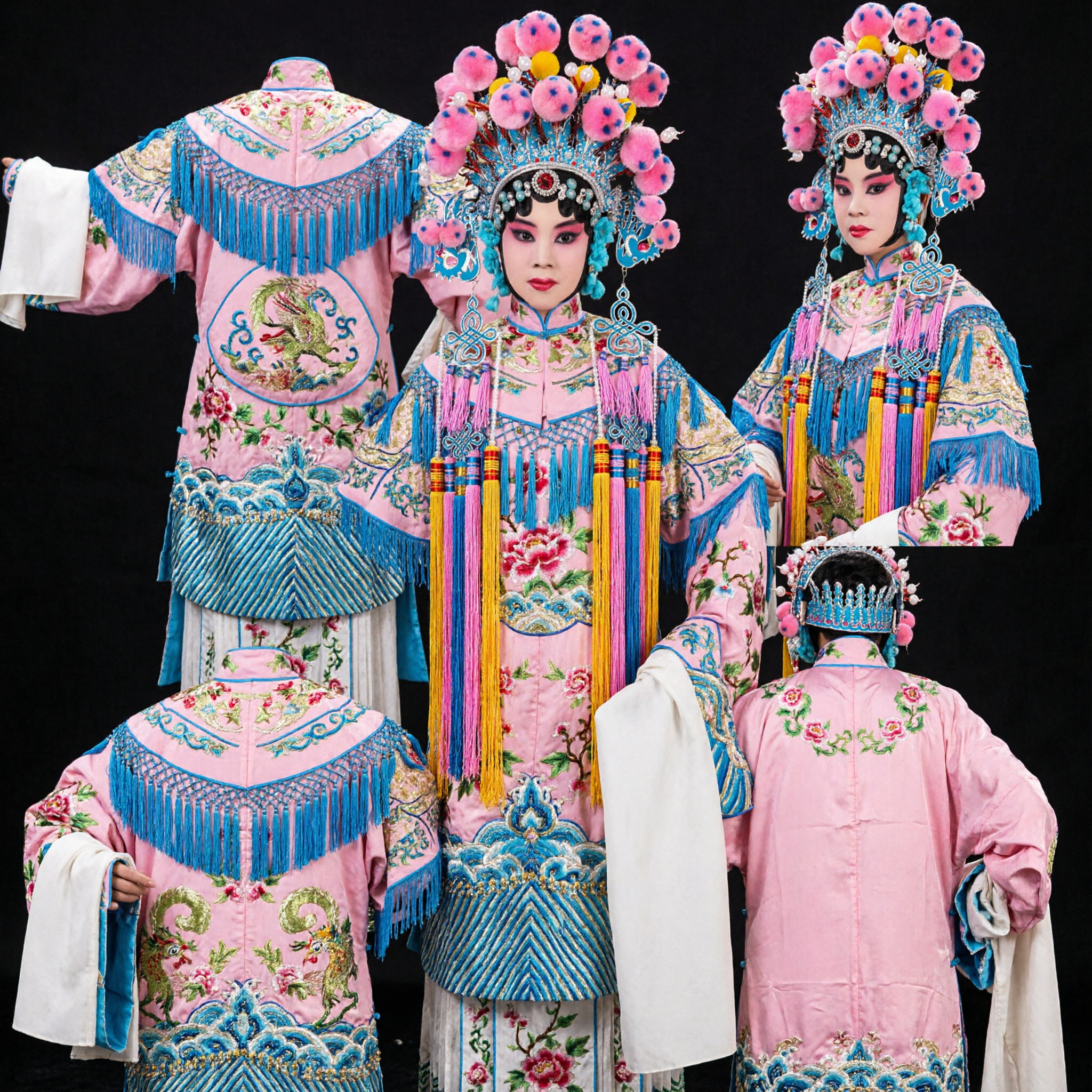 Traditioneel Chinees Peking Opera Kostuum Compleet Set voor Vrouwen met Blauw Geborduurd Gewaad en Uitgebreide Roze Hoofdtooi - Asian Costume