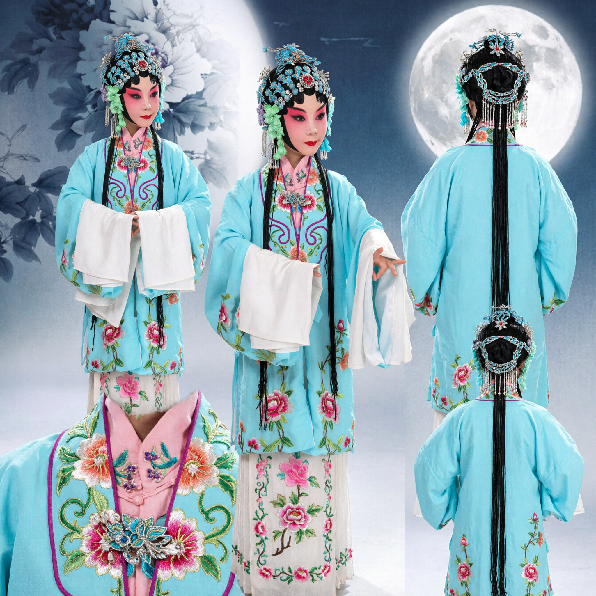 여성용 전통 중국 베이징 경극 의상 파란색 꽃 자수 로브와 물소매 및 머리장식 - Asian Costume