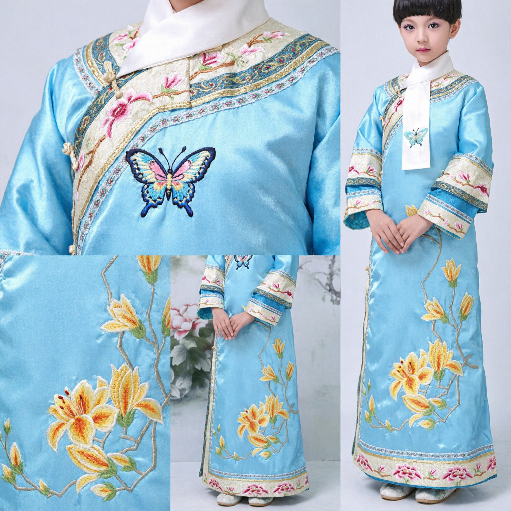 Costume da Principessa della Dinastia Qing Blu per Bambine, Veste Ricamata Manciù Tradizionale Cinese per Halloween e Cosplay - Asian Costume