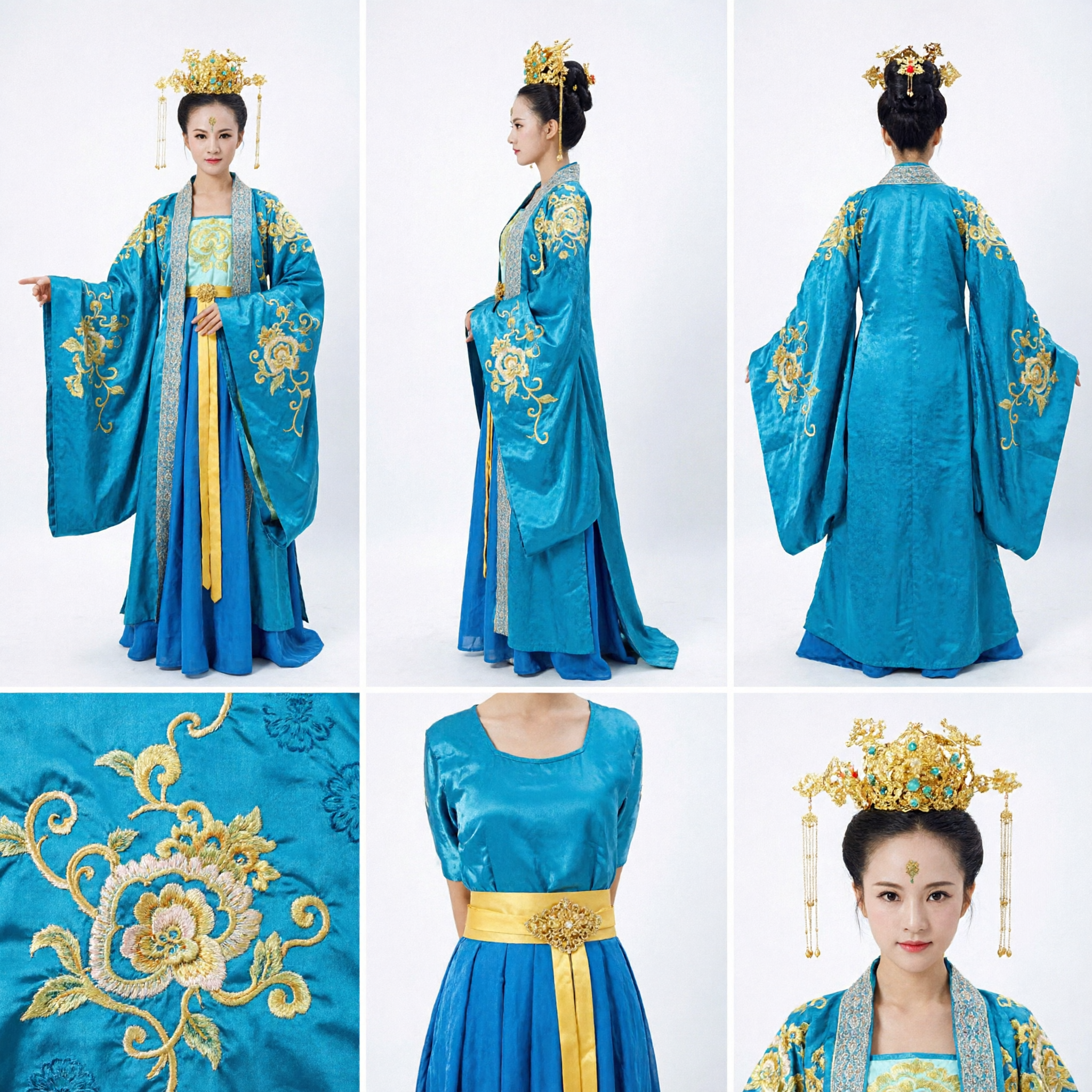 파란색 당나라 고대 중국 궁녀 한푸 드레스 전통 자수 황후 의상 여성용 - Asian Costume