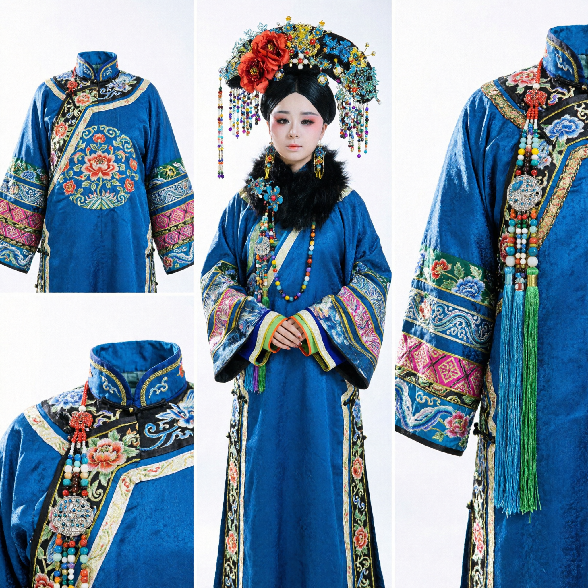 Conjunto Completo Tradicional Chinês da Dinastia Qing de Robe Bordada Azul e Adorno de Cabeça de Concubina Imperial para Mulheres - Asian Costume