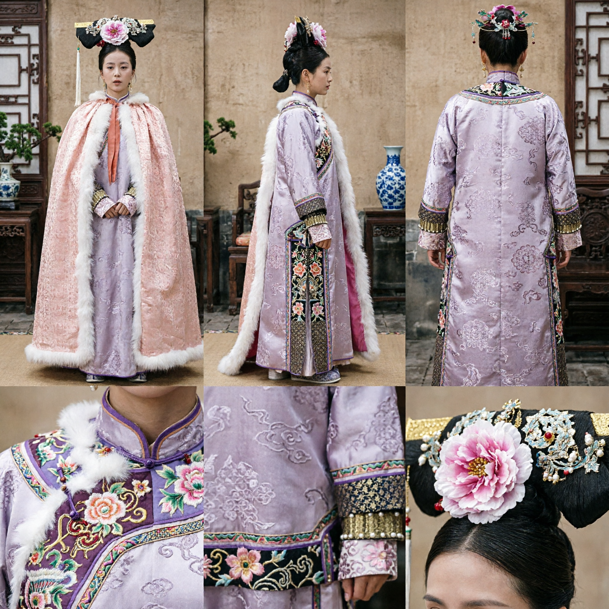 Traje Tradicional Chinês de Princesa Manchu da Dinastia Qing Manto de Pele Rosa Vestido de Cosplay para Drama Histórico para Mulheres - Asian Costume