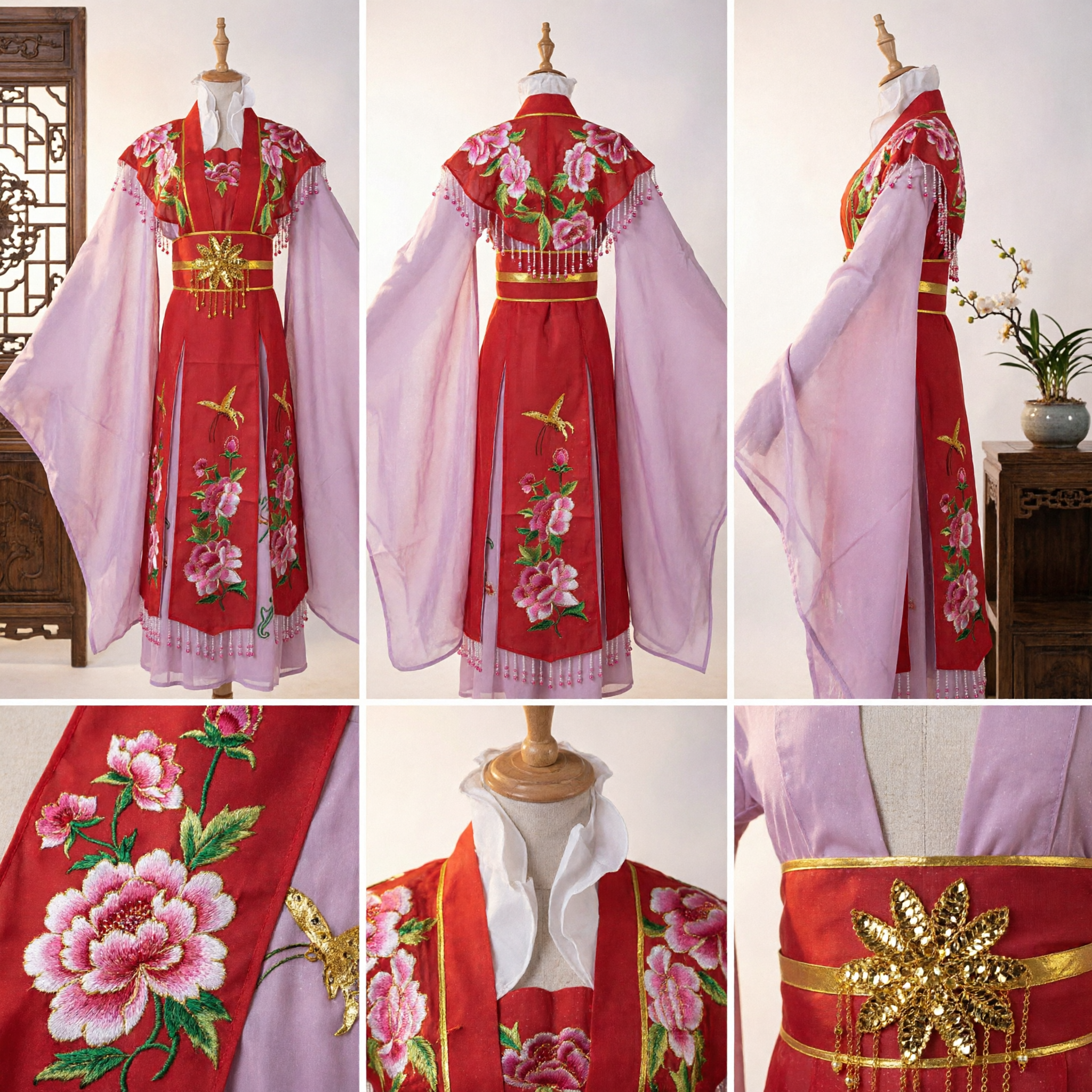 Vestido Hanfu Vermelho Tradicional Chinês com Mangas D'Água Longas e Bordado de Peônia para Espetáculo - Asian Costume