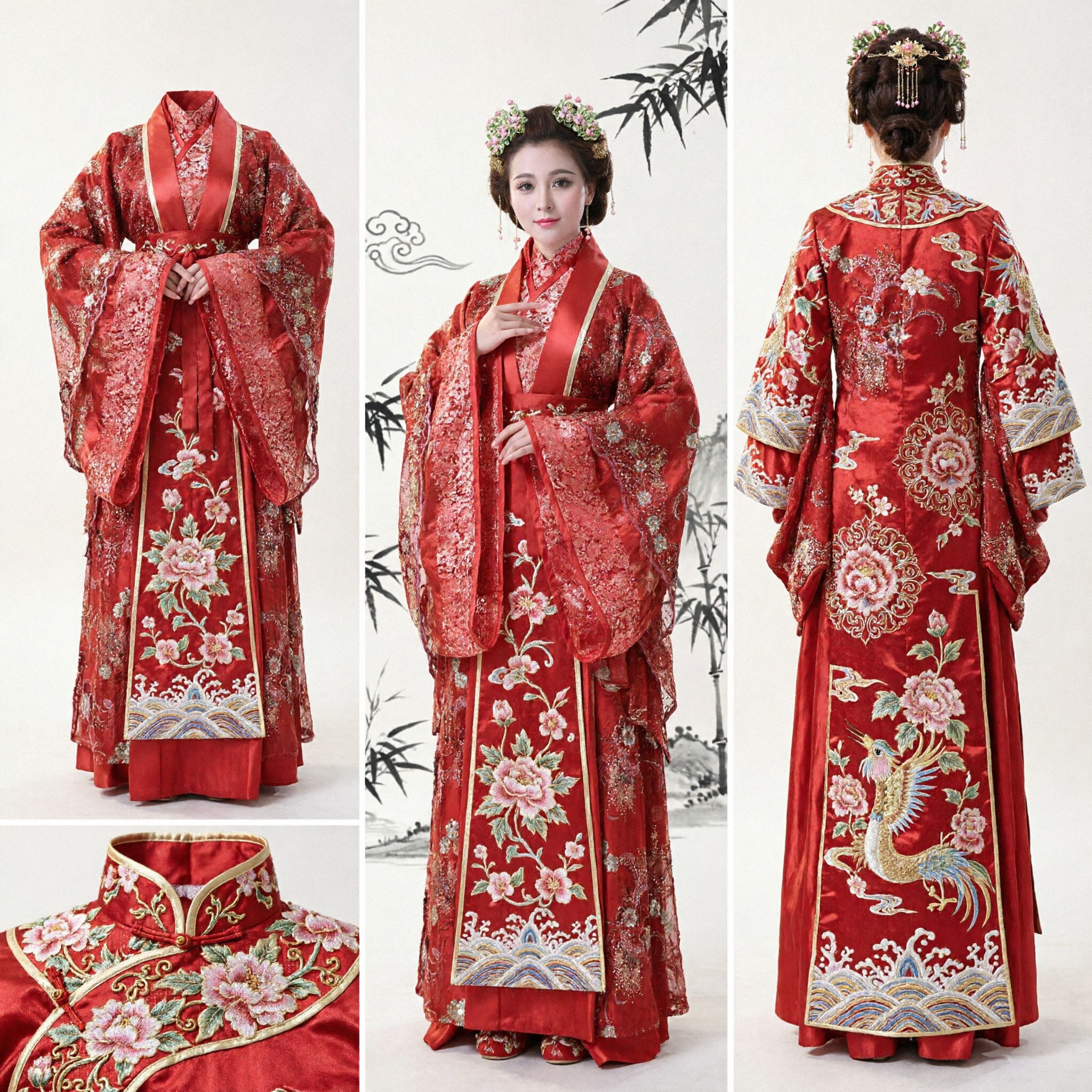 Exquisito Vestido de Novia Tradicional Chino Hanfu Rojo, Túnica Antigua Bordada para Mujeres Novias - Asian Costume