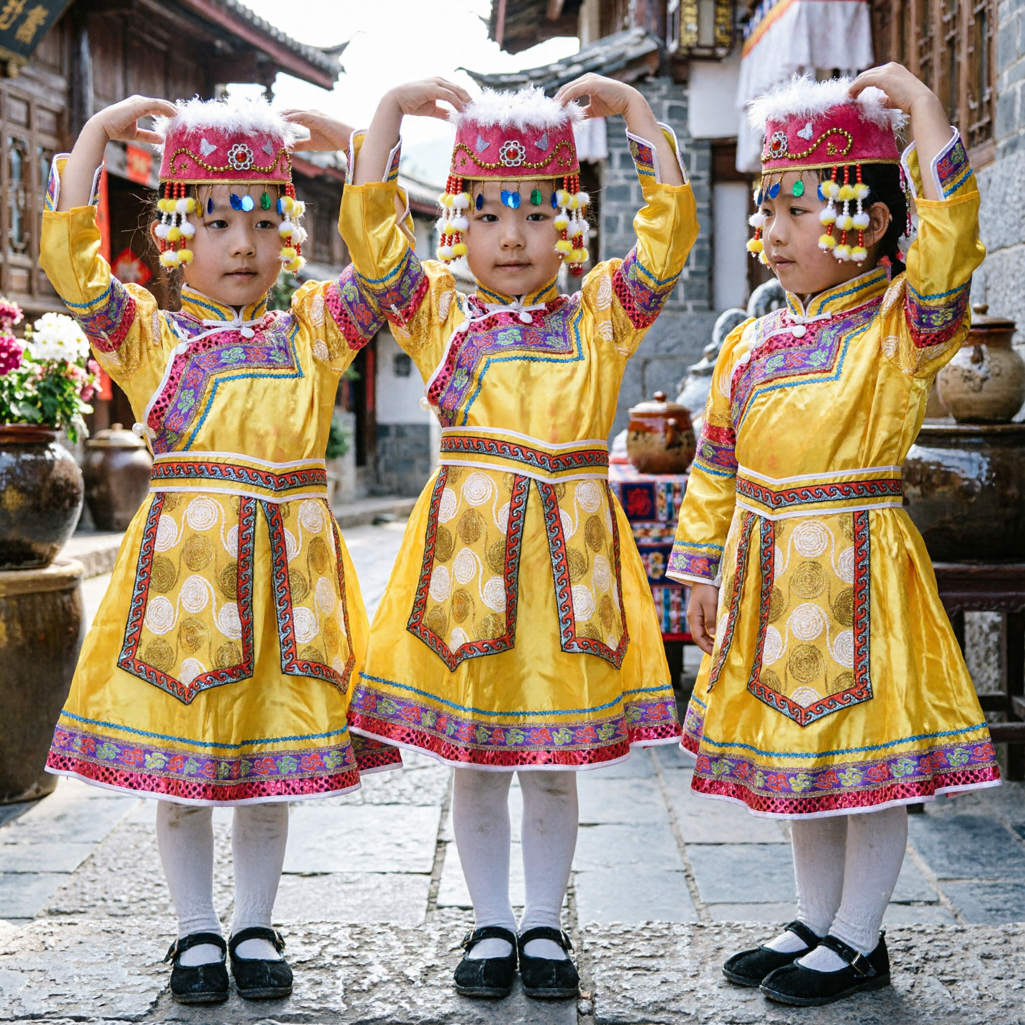 아동 전통 몽골 민족 무용 의상 노란색 드레스 모자 포함 소녀 무대 공연용 - Asian Costume