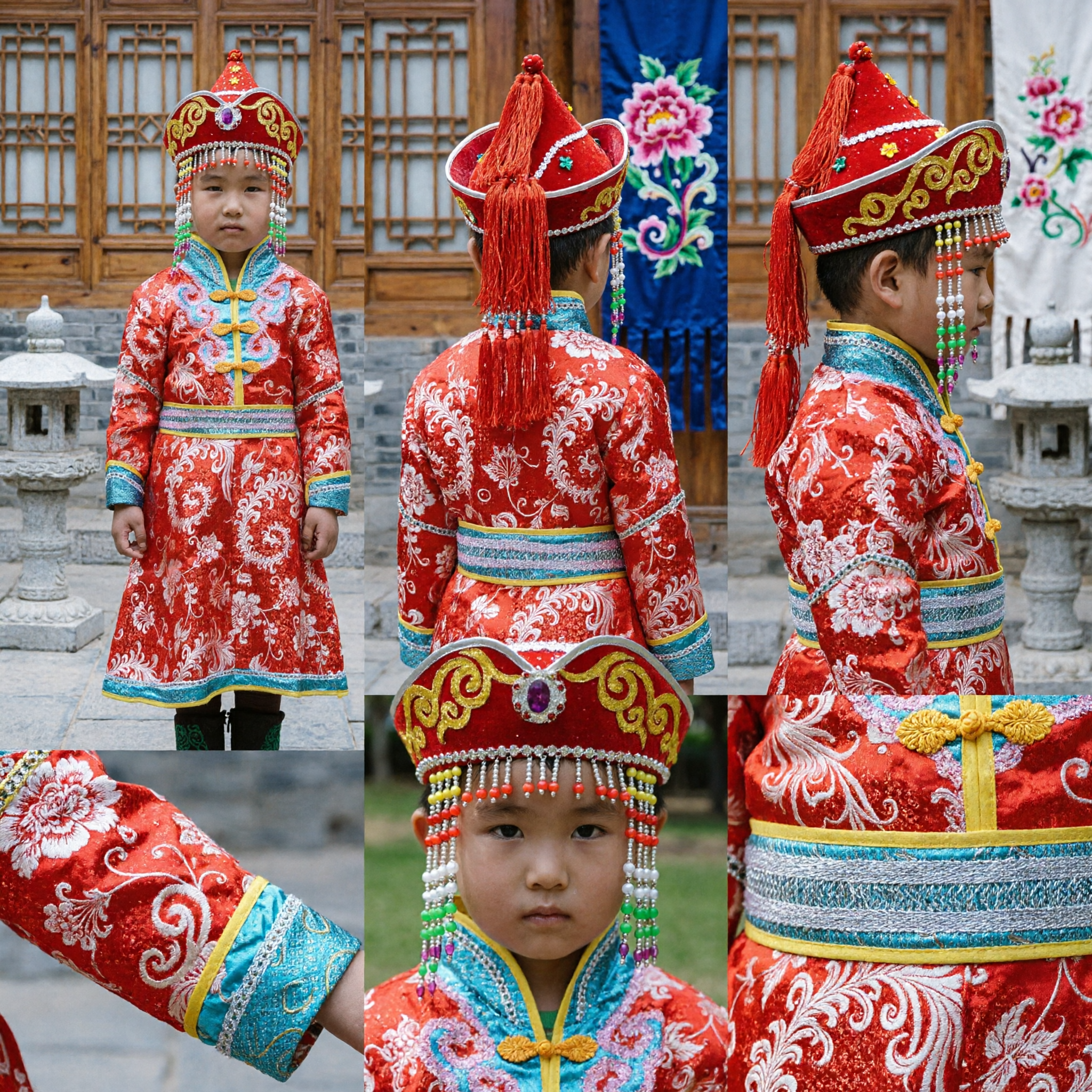 Traje Tradicional Étnico Mongol para Crianças, Robe Vermelha Bordada e Chapéu, para Performance de Dança em Palco - Asian Costume