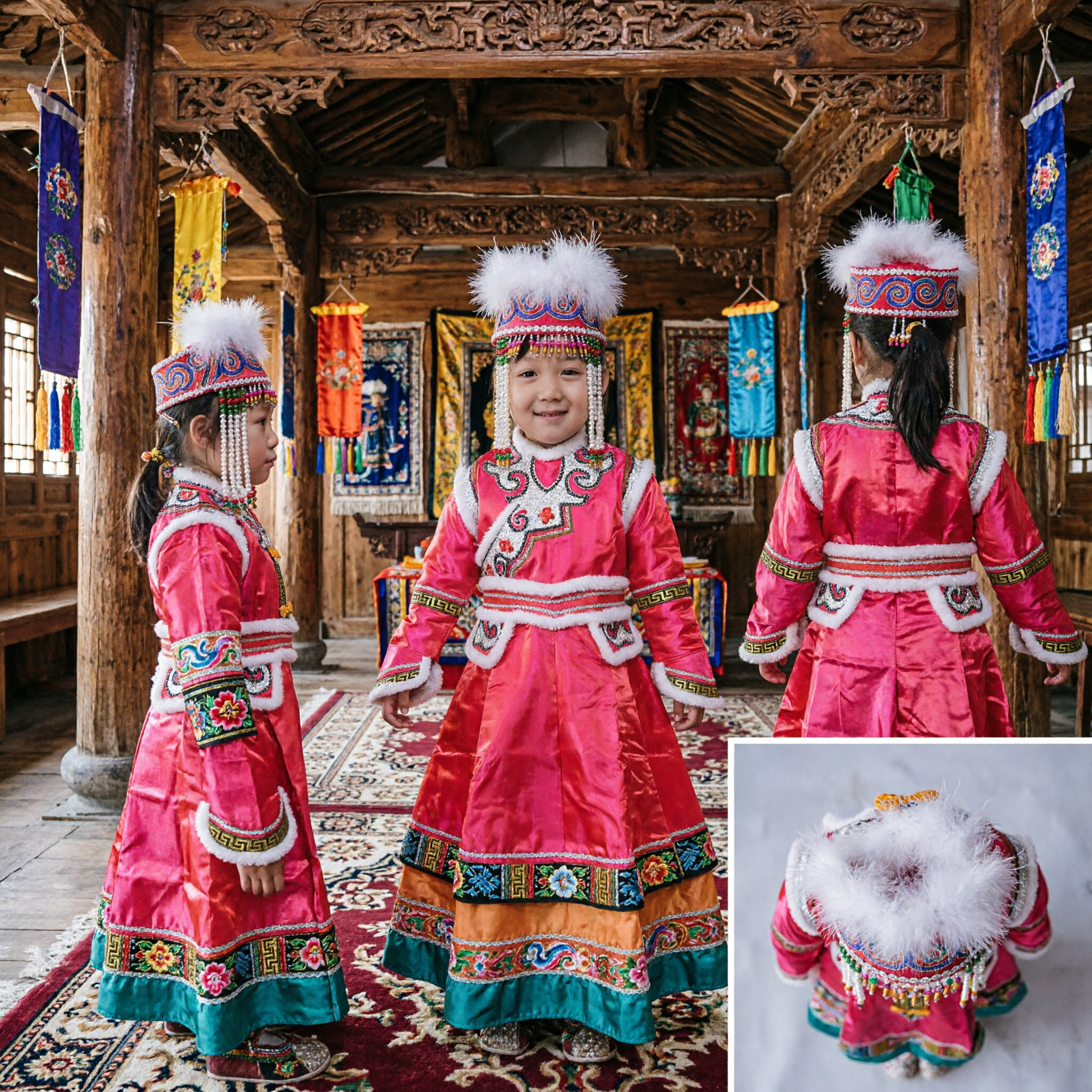 Costume de Danse Traditionnel Mongol Chinois Rose pour Filles Enfants Robe de Spectacle Ethnique Minoritaire avec Chapeau - Asian Costume