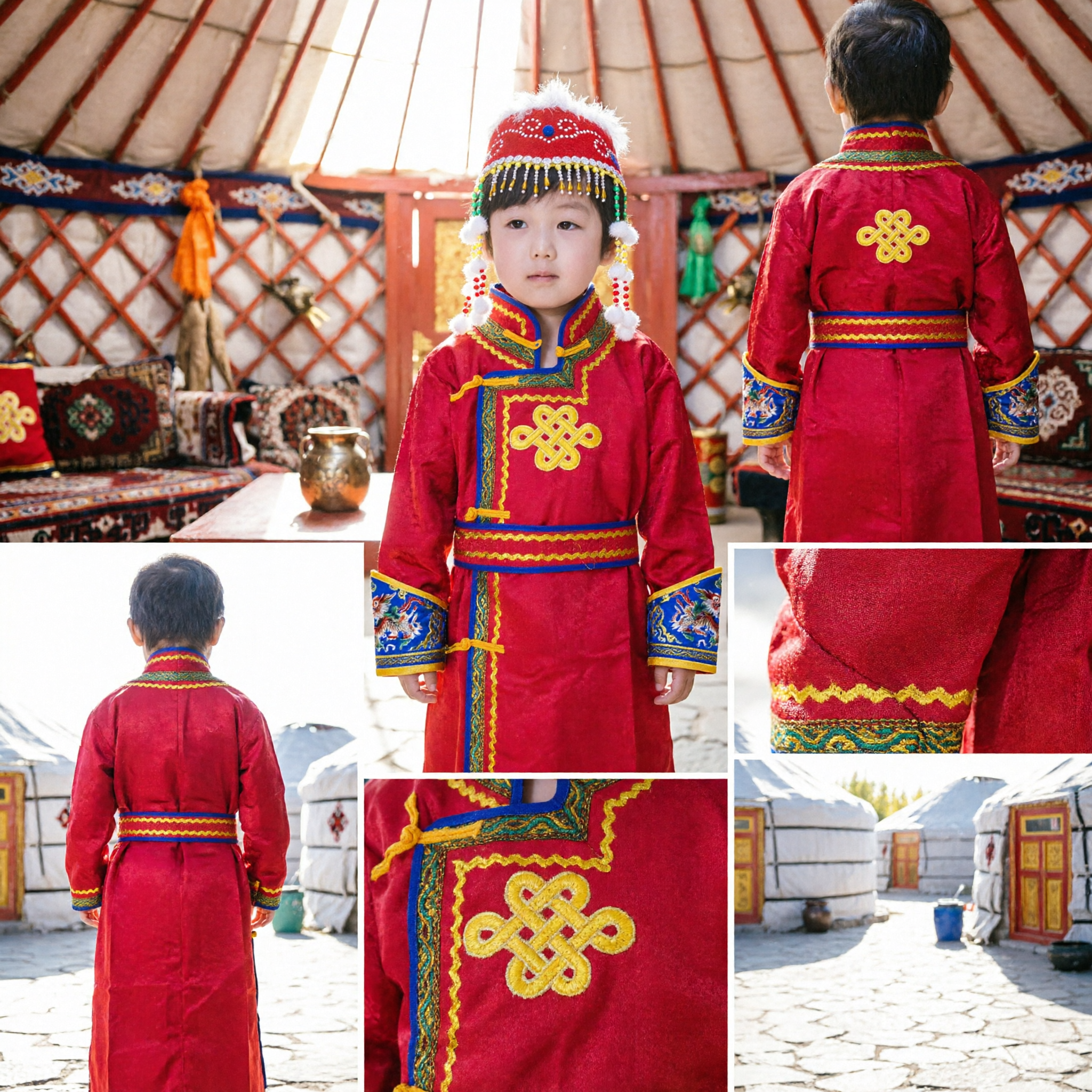 Traje Tradicional Mongol Chinês para Crianças Conjunto de Robe Vermelha e Chapéu para Apresentação de Dança Festiva - Asian Costume