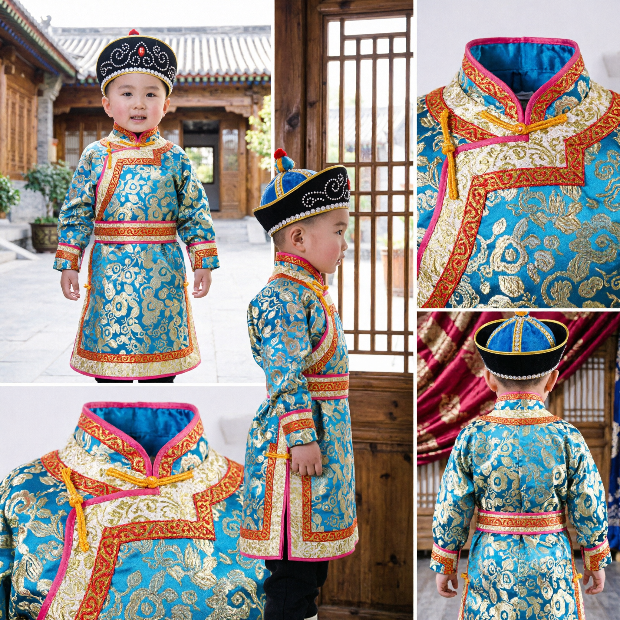 Toddler Boy Traditional Chinese Blue Brocade Tang Suit Ethnic Costume with Hat for Festival Performance - Asian Costume