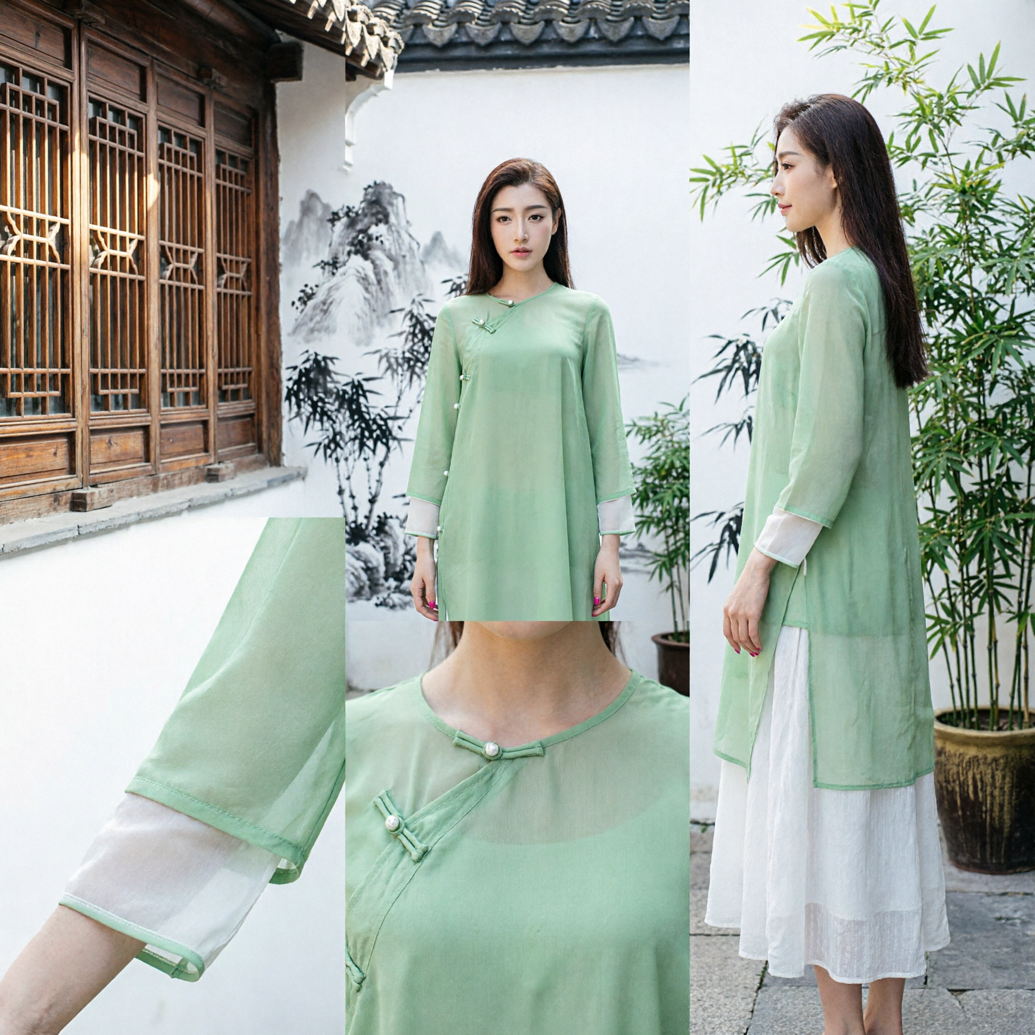 Abito Zen Moderno Cinese Verde Chiaro Donna Manica Lunga Taglio Largo Stile Tradizionale Tang Suit per Uso Quotidiano - Asian Costume