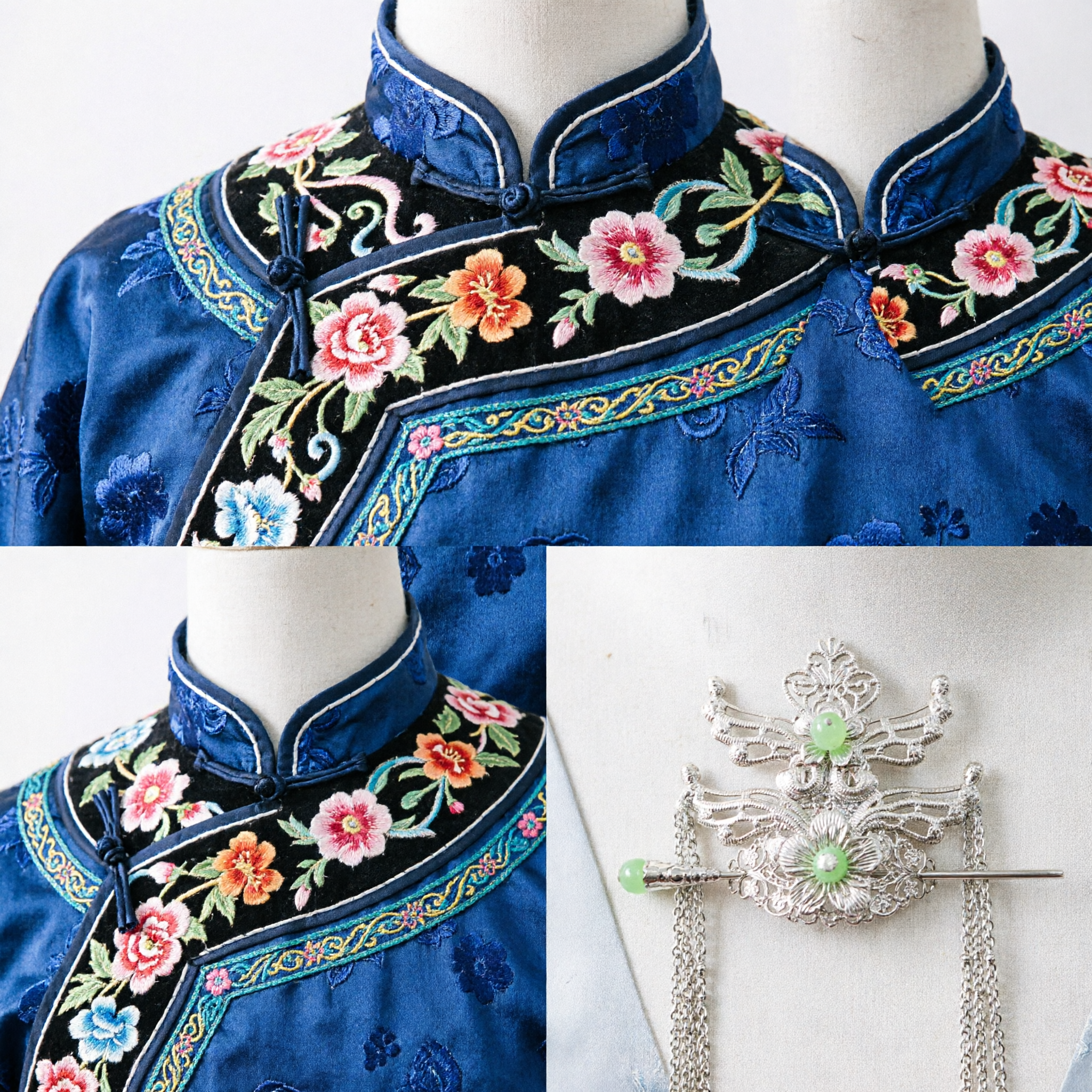 Традиционная китайская шпилька для волос из серебряной филиграни с бусинами из зеленой яшмы, цветком и бабочкой, головной убор ханьфу - Asian Costume