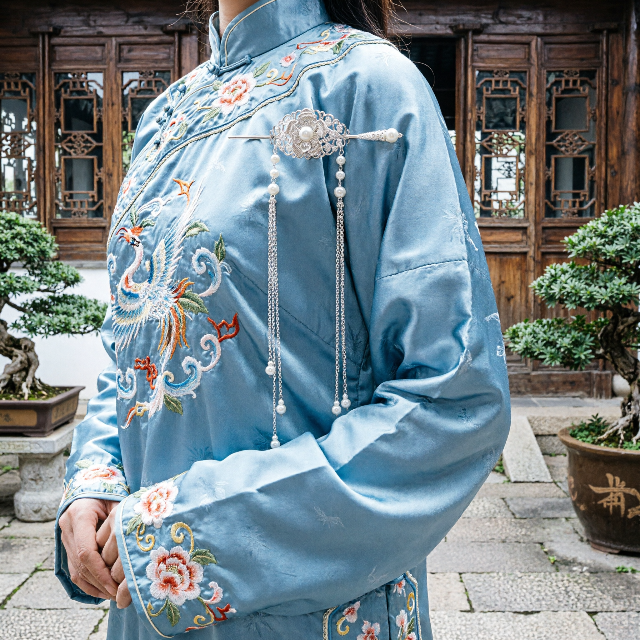 Fermacapelli Antico Tradizionale Cinese Floreale Argento Perla Nappa Fermaglio per Capelli Accessorio Hanfu Gioielli Nuziali per Donne - Asian Costume