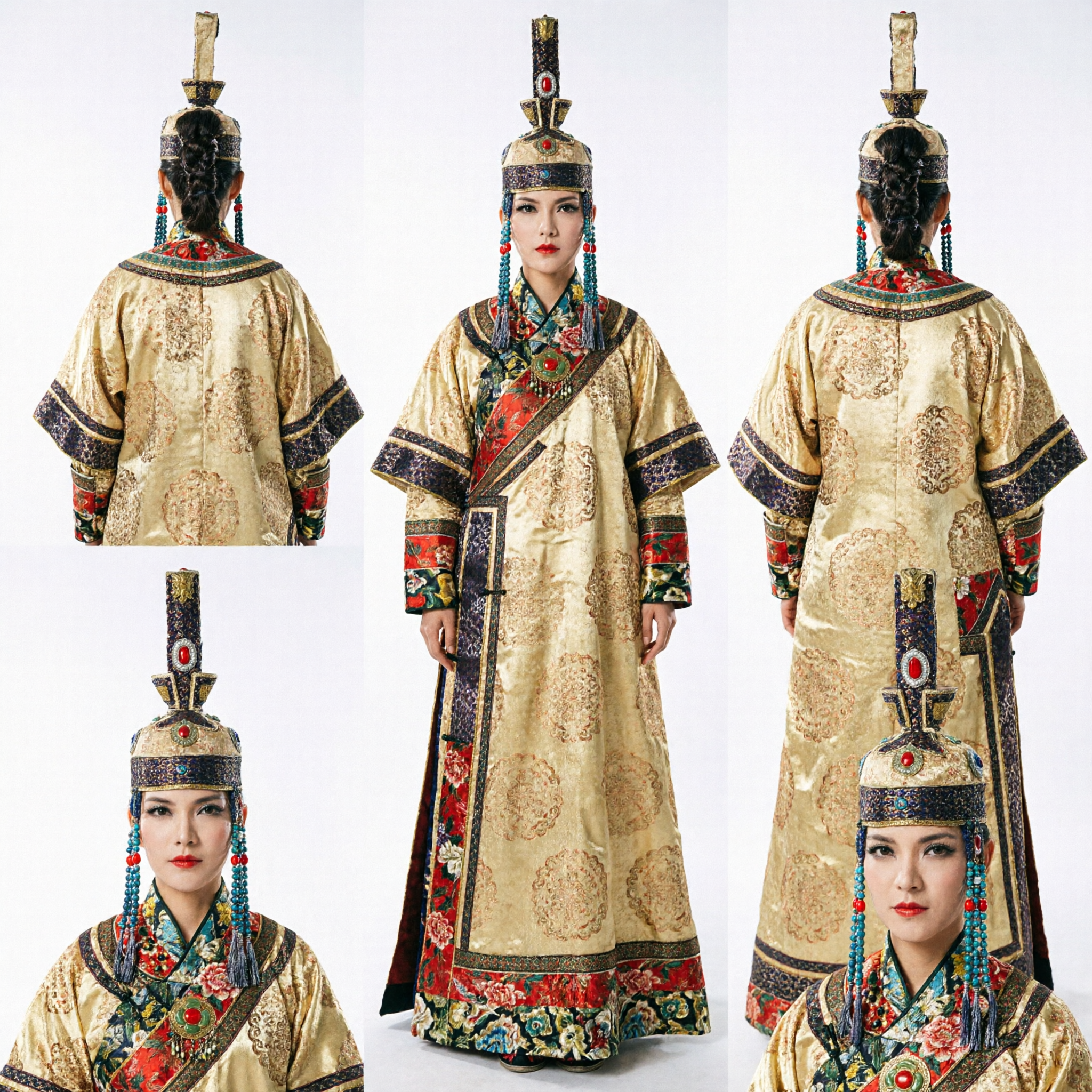 Traje de la Minoría Étnica Mongola Tradicional, Conjunto de Túnica de Brocado Dorado y Tocado para Boda y Danza de Mujeres - Asian Costume
