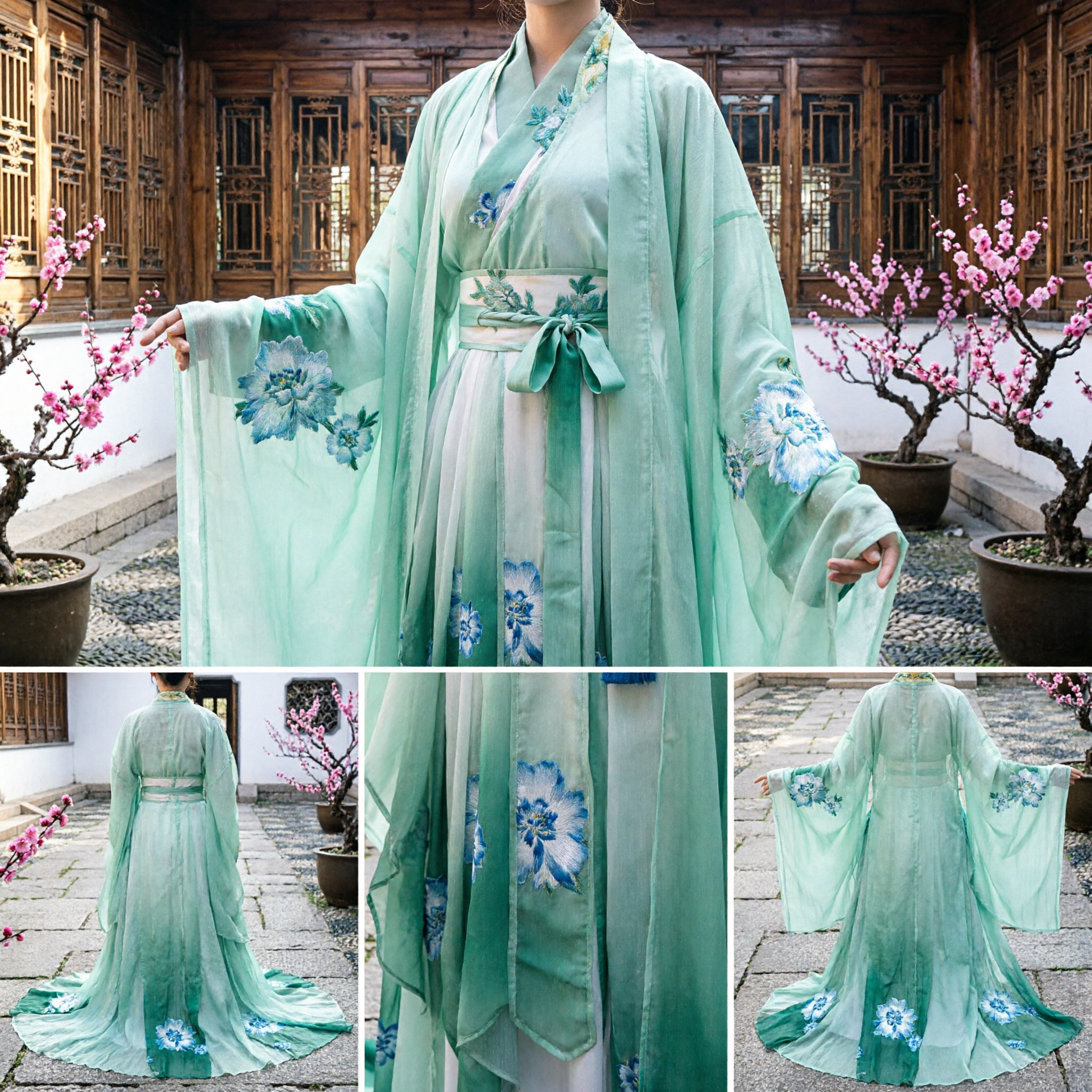 Lichtgroen Chinees Hanfu Traditioneel Antiek Feeënjurk Geborduurde Wijdemouwen Kostuum voor Vrouwen - Asian Costume