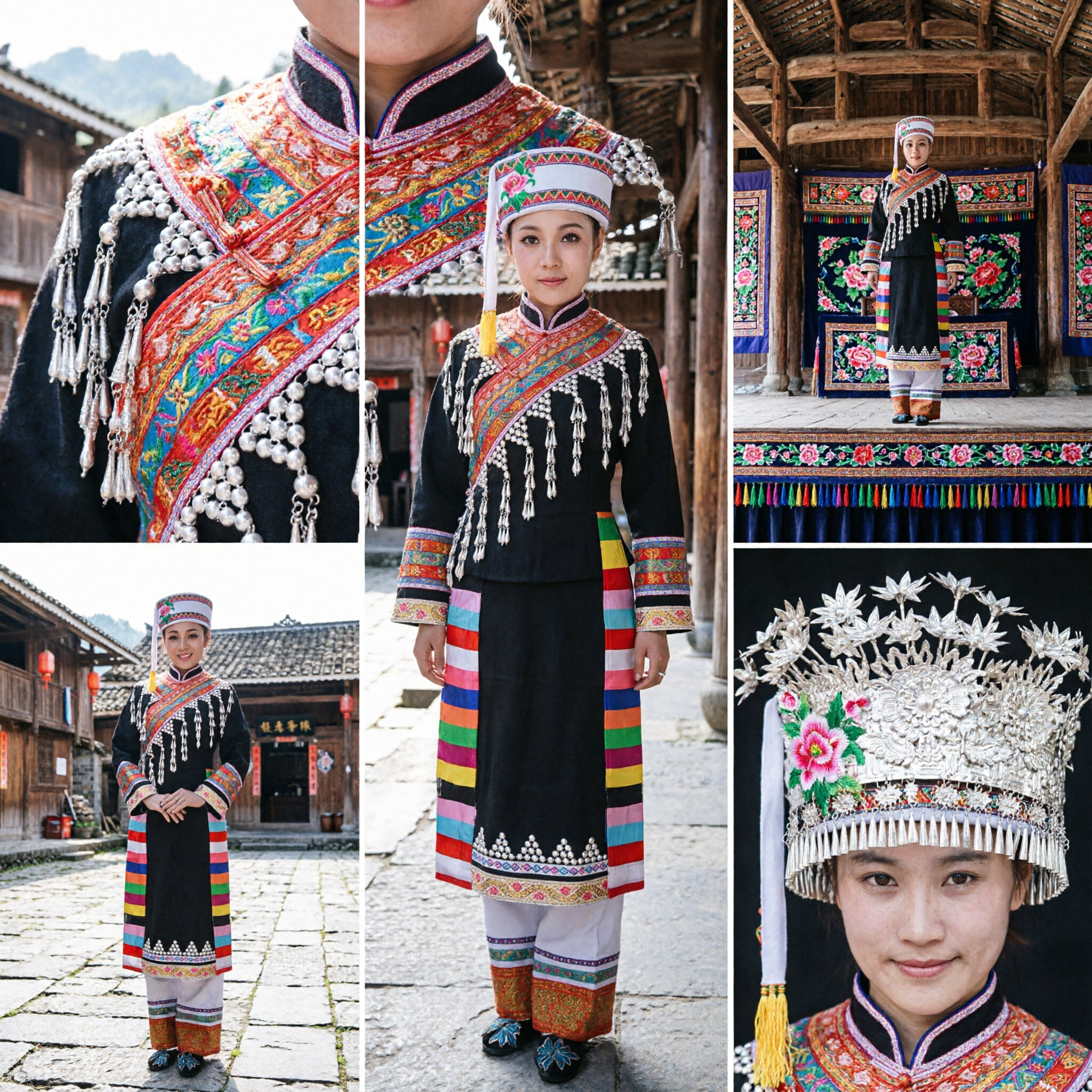 Traditional Chinese Zhuang Ethnic Minority Costume Women Folk Dance Performance Dress Complete Set with Embroidered Hat - Asian Costume