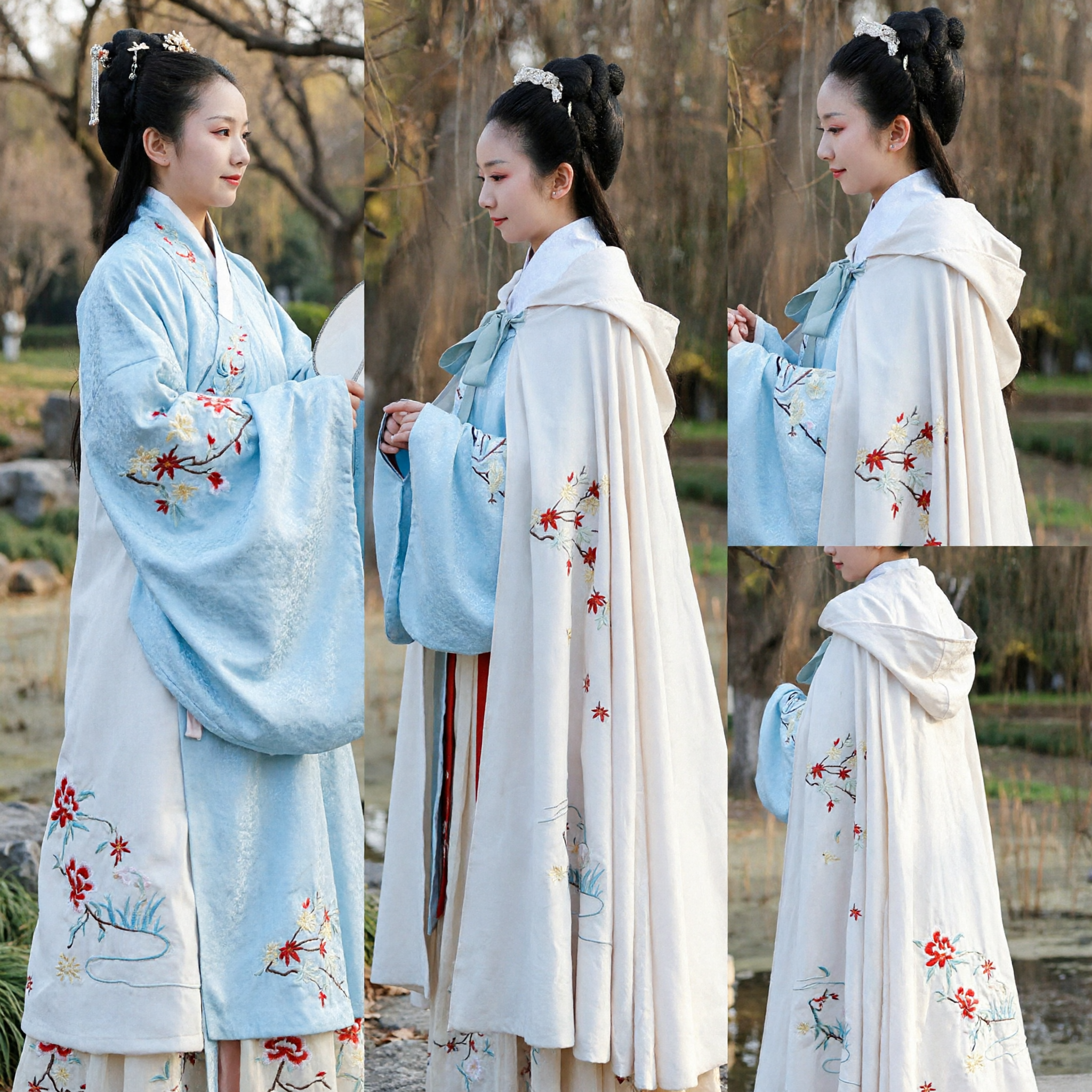 Oude Chinese Hanfu Witte Wintermantel met Rode Esdoornblad Borduurwerk Traditionele Cape voor Vrouwen - Asian Costume