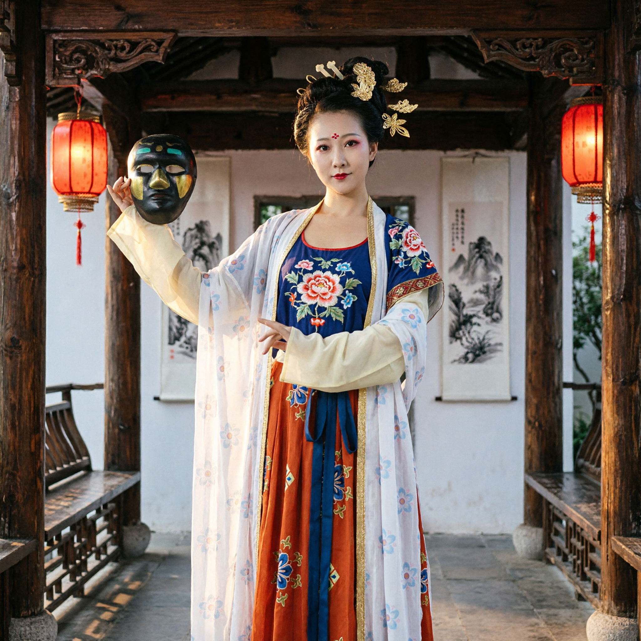 Traditionelles chinesisches Tang-Dynastie Hanfu-Kostüm, besticktes blaues Oberteil mit rotem Rock für Frauen-Aufführungen - Asian Costume