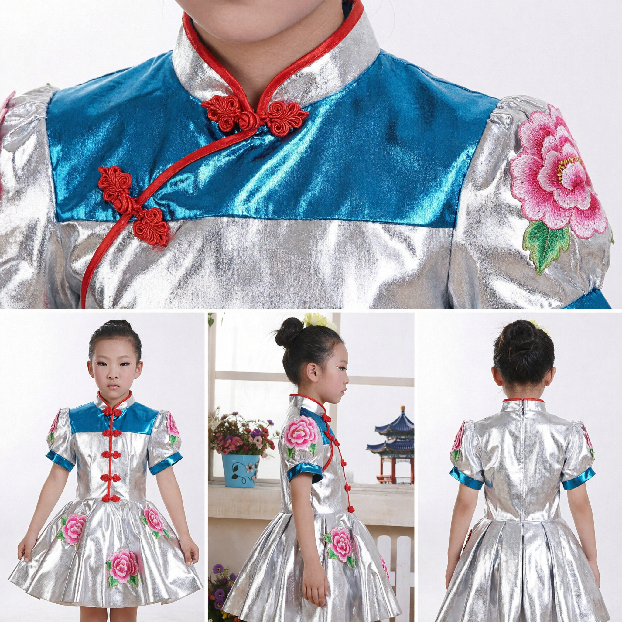 Cheongsam tradizionale cinese argentato per bambine, costume da danza per spettacoli con ricami floreali - Asian Costume
