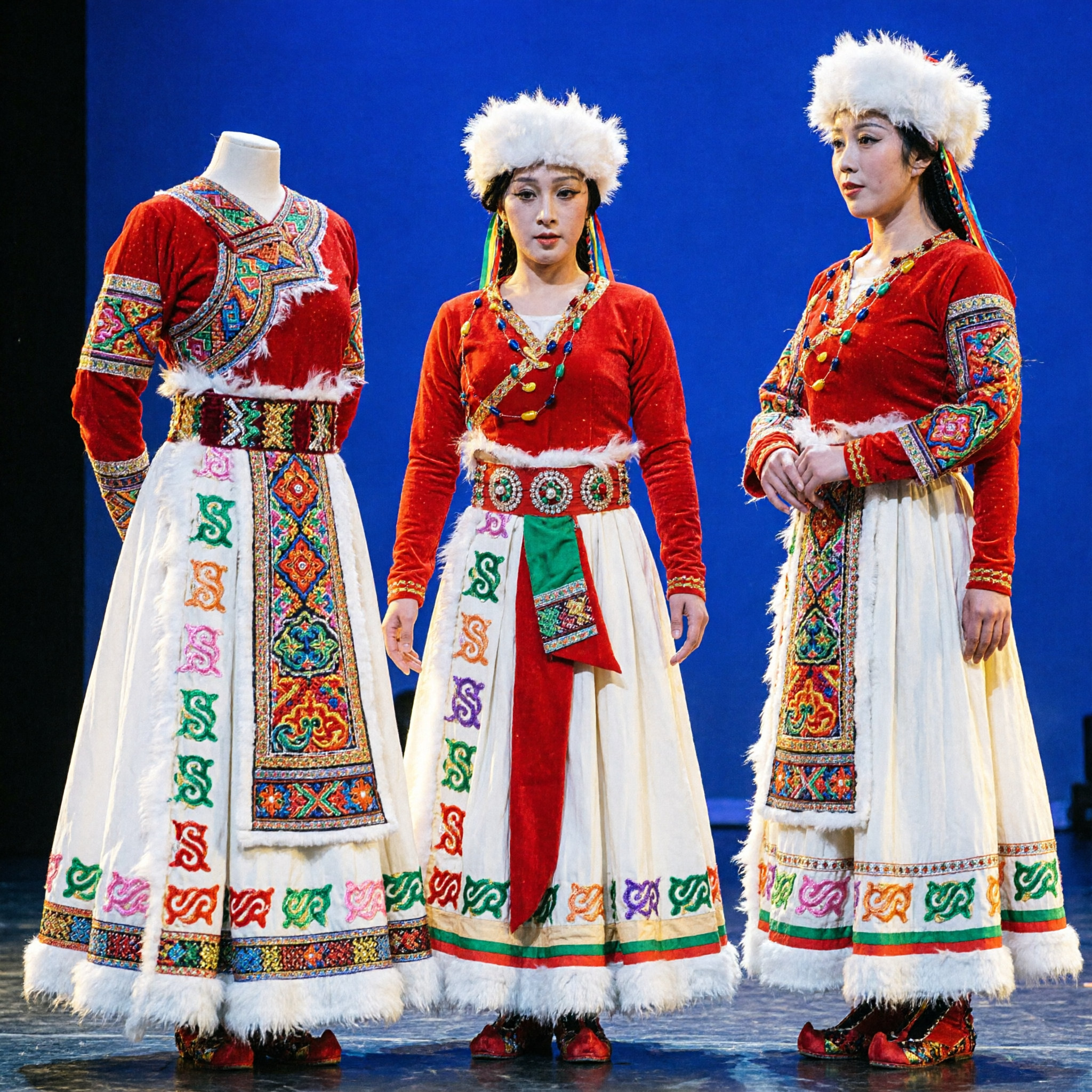 Costume complet de danse ethnique tibétaine traditionnelle chinoise pour femmes, avec chapeau en fourrure, pour spectacle sur scène et festivals culturels - Asian Costume