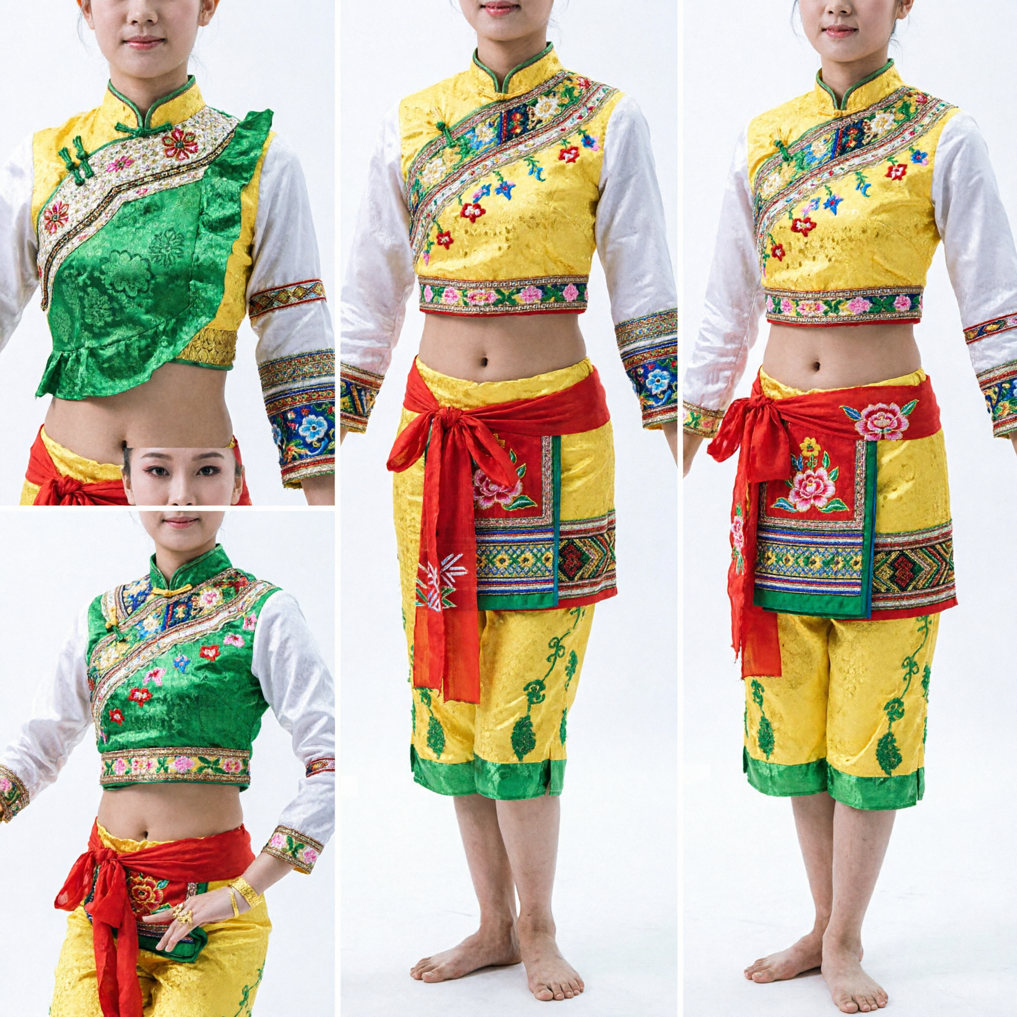 중국 전통 부채 춤 의상 여성 녹색 반짝이 상의 노란 연꽃 바지 무대 공연 복장 - Asian Costume