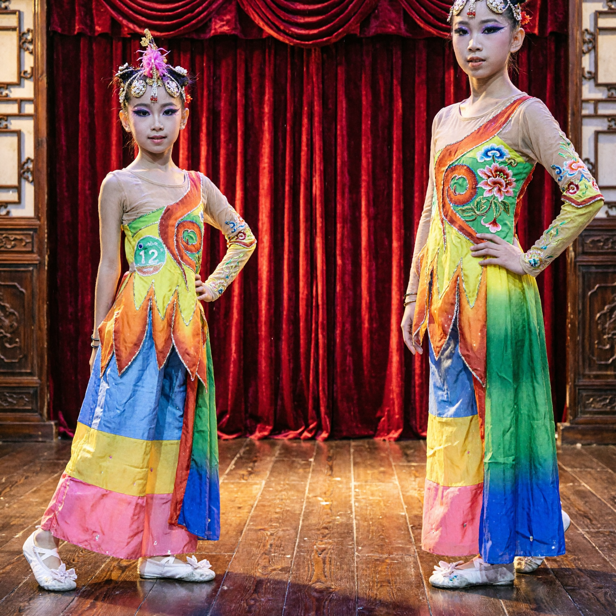 Girls Chinese Peacock Dance Costume Rainbow Fan Dress Traditional Stage Performance Folk Outfit - Asian Costume