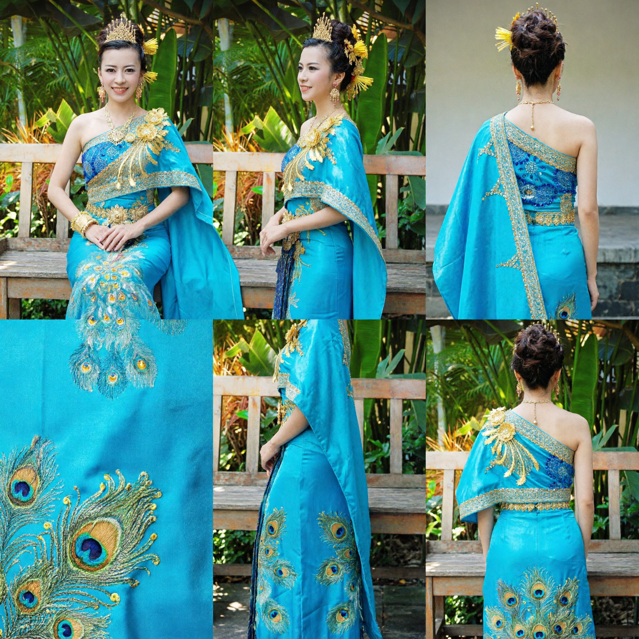 Women's Traditional Dai Ethnic Blue Sequin Peacock Dance Costume Complete Set with Crown for Stage Performance - Asian Costume