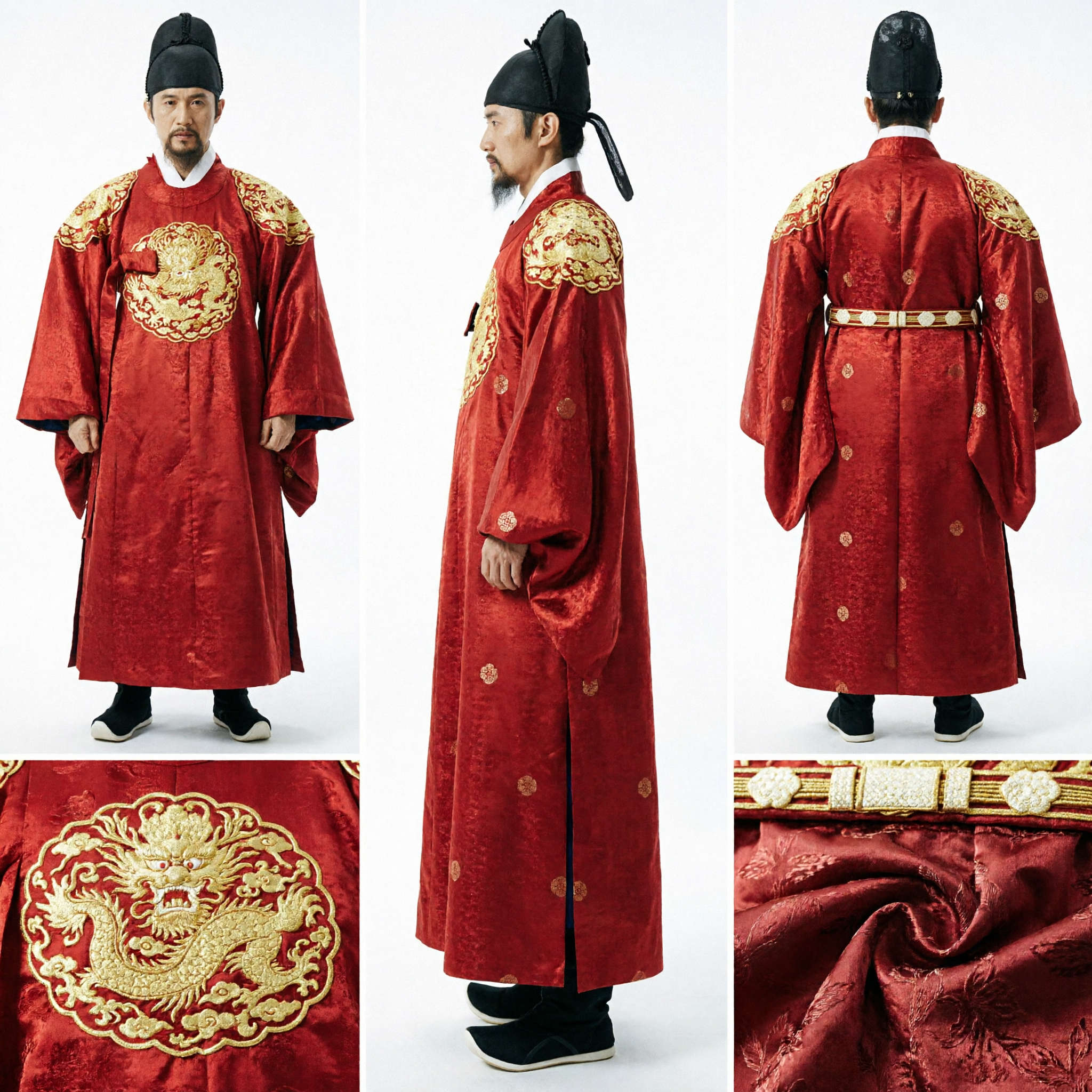 Traditionelles koreanisches König-Hanbok-Kostüm, roter Robe mit Goldstickerei und Drachenmuster, Männer-Outfit der Joseon-Dynastie - Asian Costume