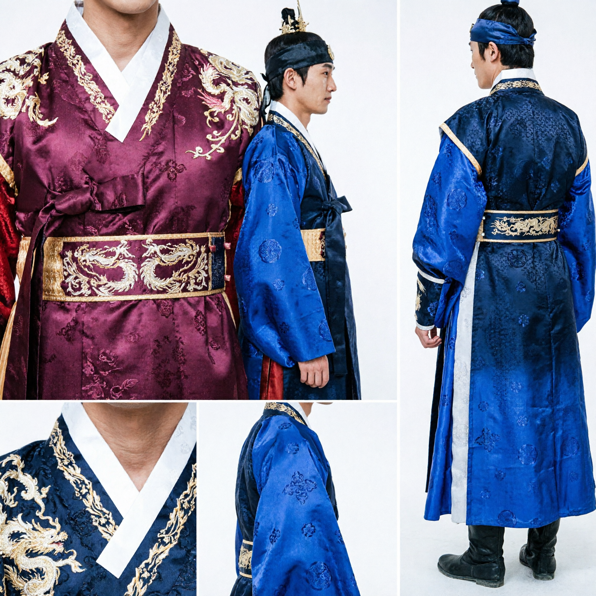 Traditionelles koreanisches Hanbok für Männer, königliches Hofkostüm, blaue und rote Roben, historisches Outfit-Set - Asian Costume