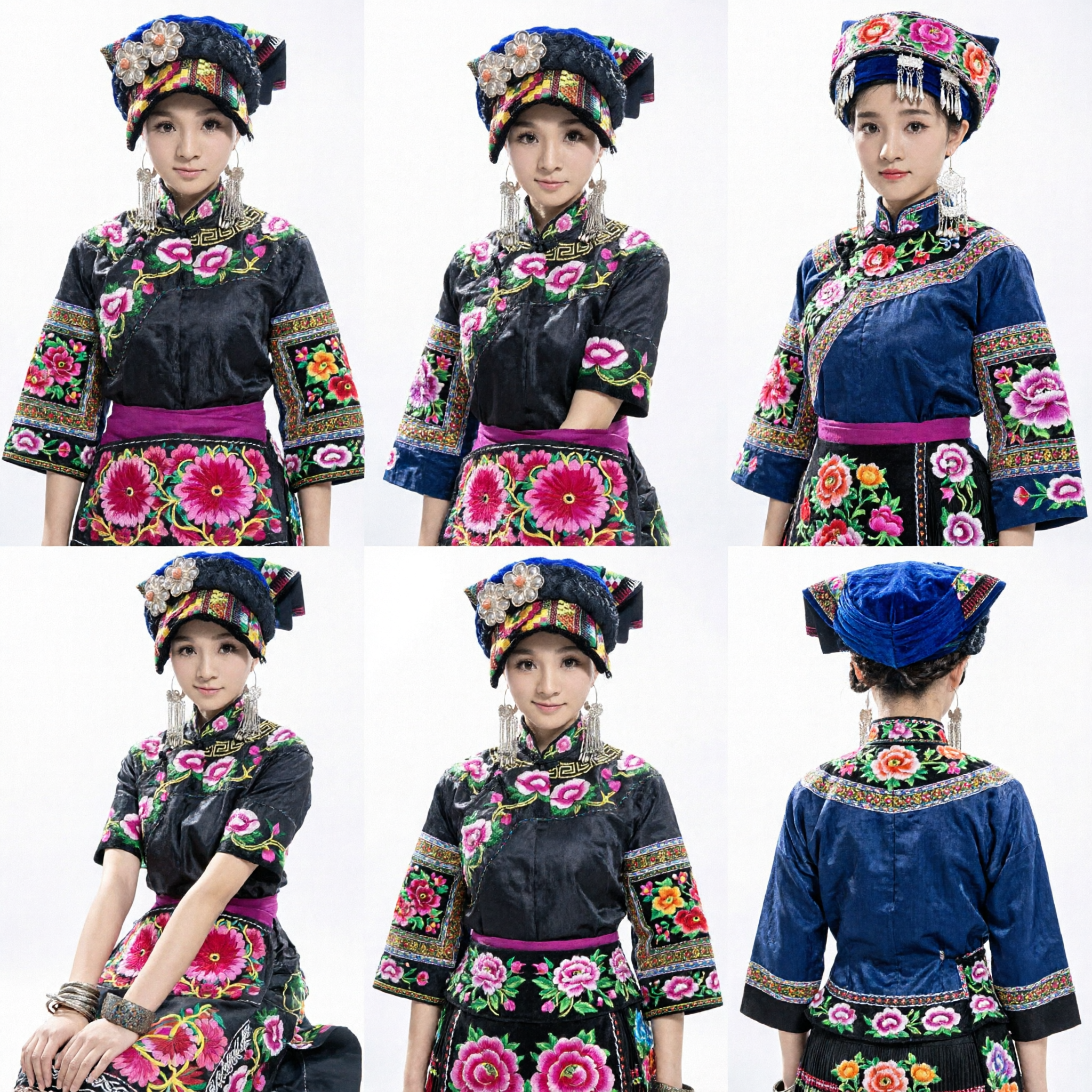 Traditional Chinese Ethnic Minority Costume Women's Embroidered Black Dress and Headdress Set for Folk Dance Performance - Asian Costume
