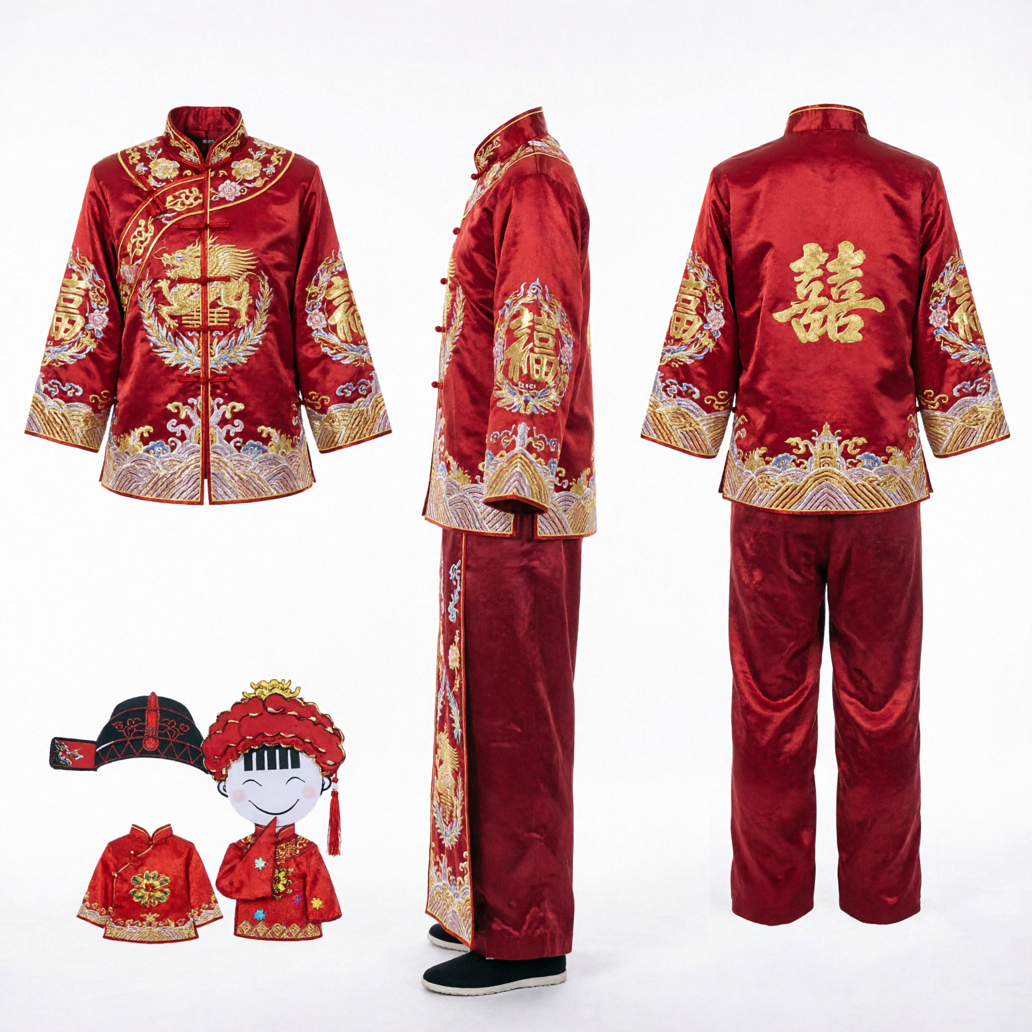 Traditionele Rode Chinese Bruiloft Mooncake Cadeaudoos met Cartoon Stel en Dubbel Geluk Symbool - Asian Costume