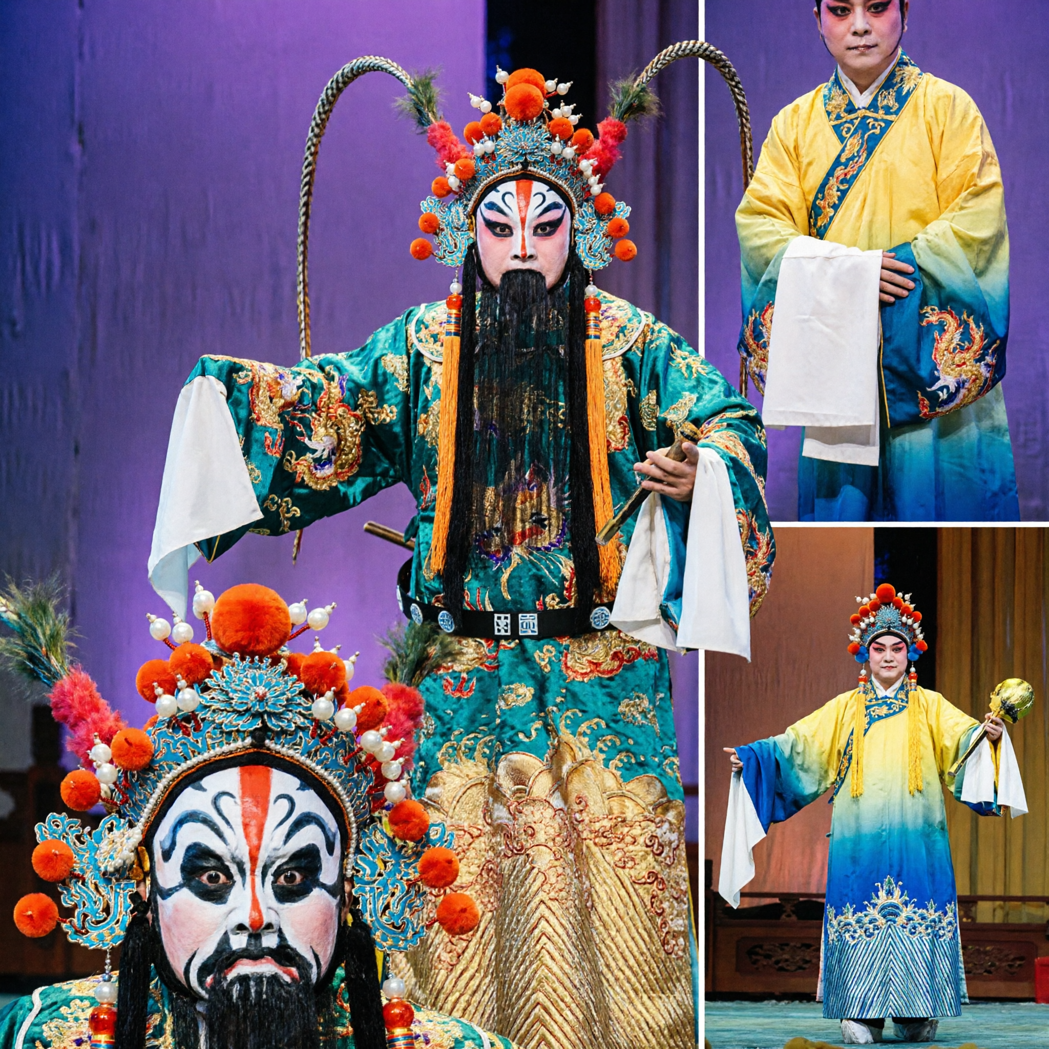 Costume complet de général de l'Opéra de Pékin traditionnel chinois - Ensemble avec robe brodée et coiffe à plumes pour performance scénique - Asian Costume