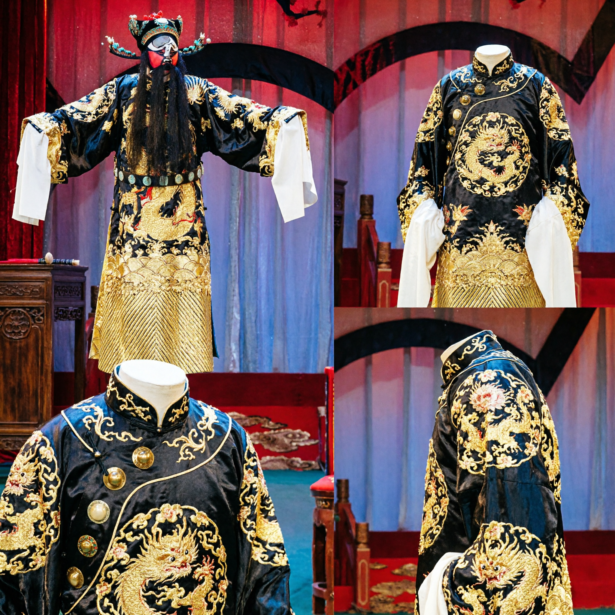 Costume de l'Opéra de Pékin traditionnel chinois - Robe noire et dorée à dragon pour rôle masculin Jing en performance scénique - Asian Costume