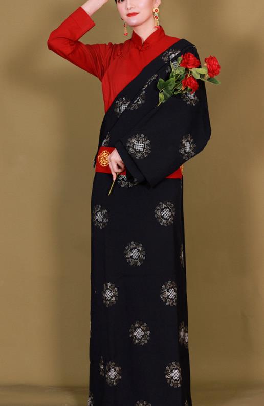 Traditional Chinese Zang Ethnic Black Guozhuang Dress Tibetan Minority Folk Dance Costume for Women