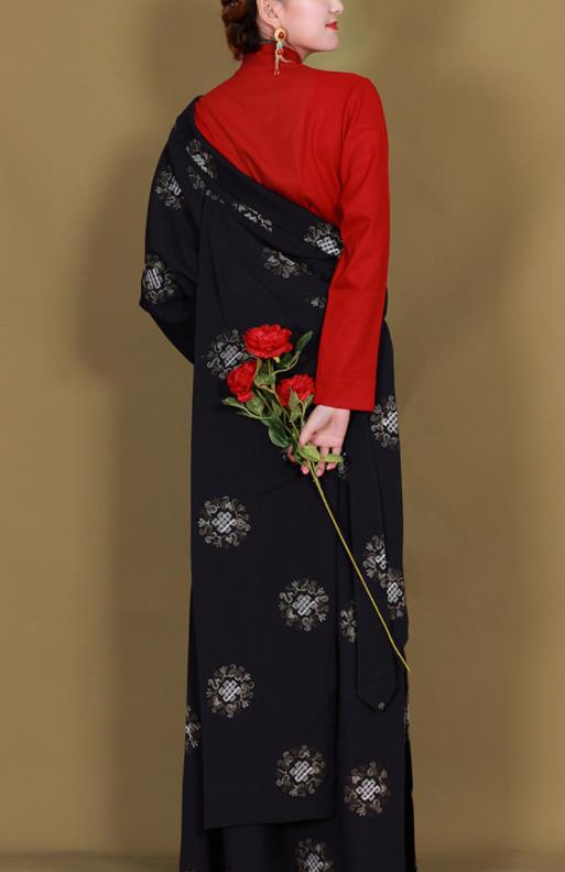 Traditional Chinese Zang Ethnic Black Guozhuang Dress Tibetan Minority Folk Dance Costume for Women