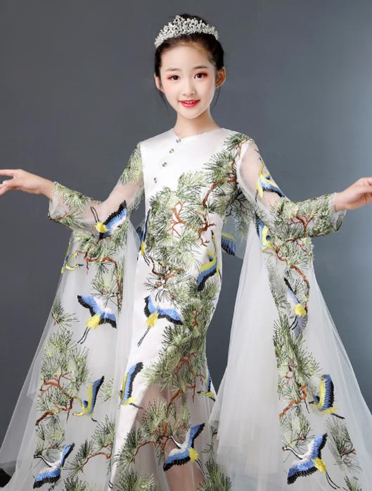 Top Grade Children Day Dance Performance Printing Crane Pine White Dress Kindergarten Girl Stage Show Costume for Kids