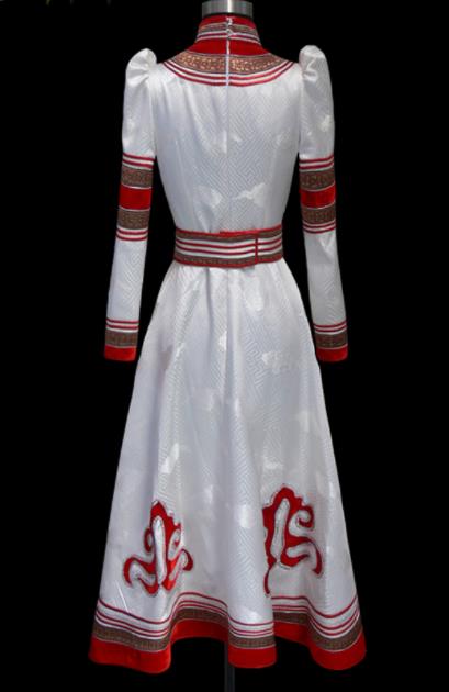 Traditional Chinese Mongol Ethnic National White Brocade Dress Mongolian Minority Folk Dance Costume for Women