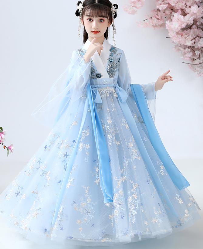 Chinese Traditional Royal Princess Blue Hanfu Dress Ancient Han Dynasty Girl Costumes Cloak Blouse and Skirt Apparels for Kids
