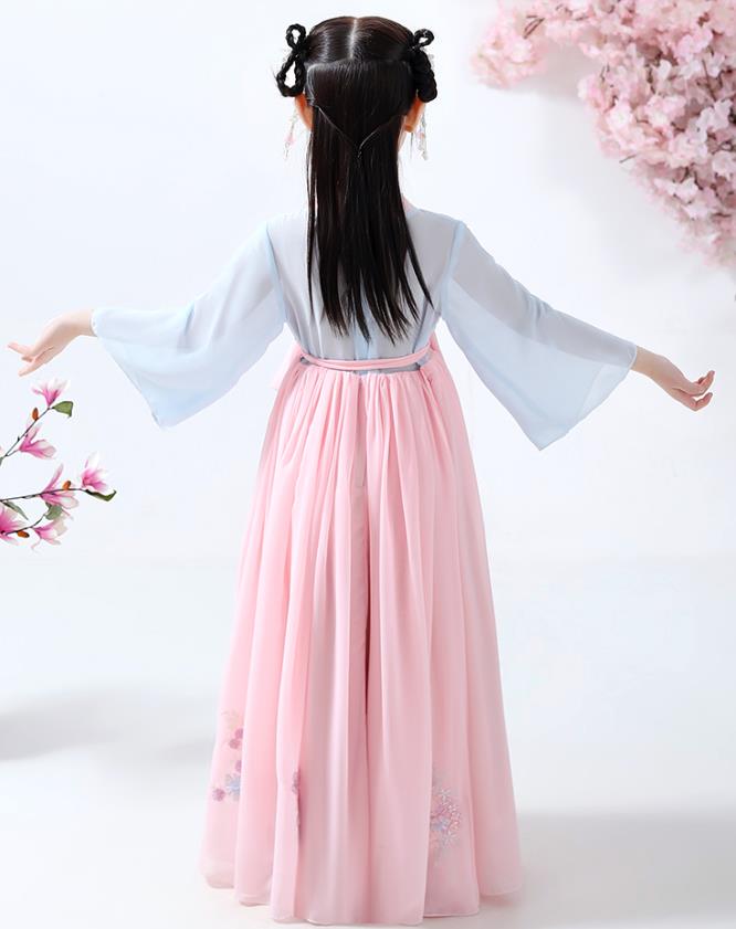 Chinese Traditional Ming Dynasty Girl Hanfu Dress Ancient Princess Costumes Stage Show Apparels Blue Cape Blouse and Pink Skirt for Kids