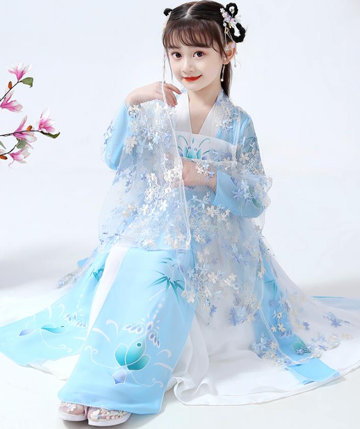 Chinese Traditional Tang Dynasty Girl Blue Hanfu Dress Ancient Princess Costumes Stage Show Apparels Flowers Cape Blouse and Skirt for Kids