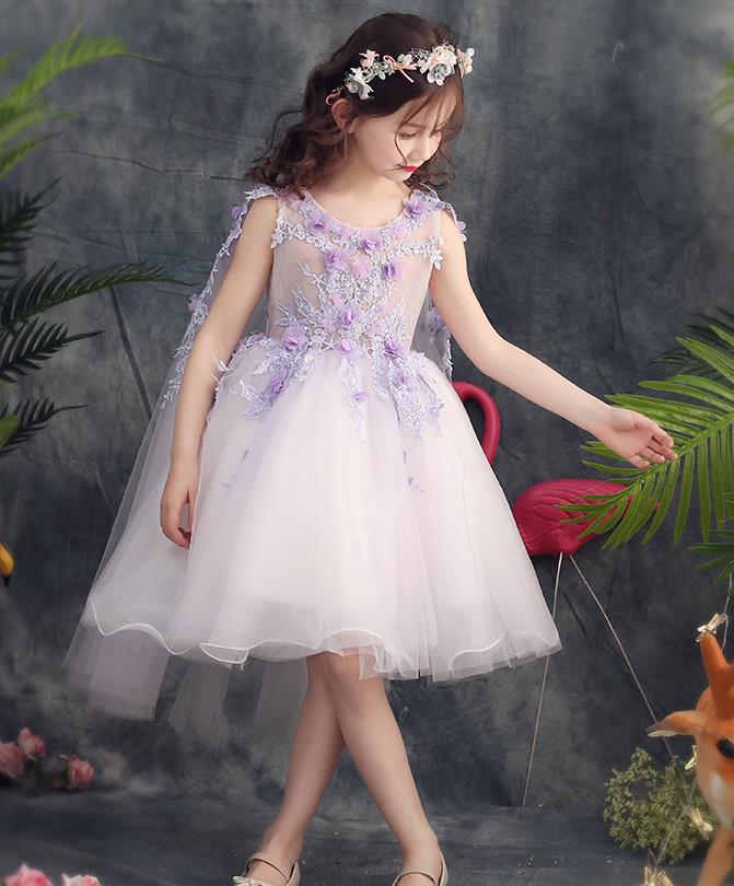 Top Grade Catwalks Purple Flowers Full Dress Children Birthday Costume Stage Show Girls Compere White Veil Short Dress