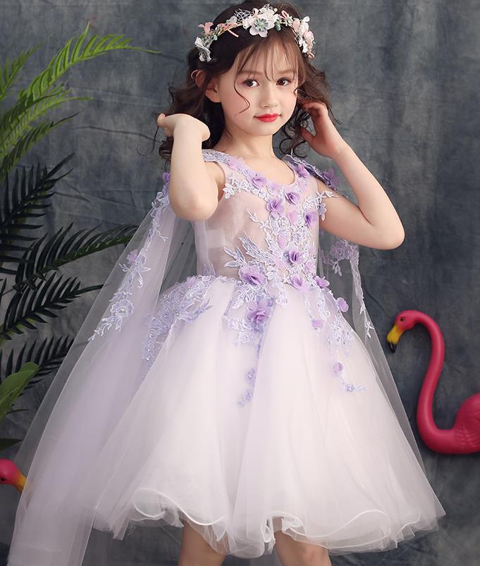Top Grade Catwalks Purple Flowers Full Dress Children Birthday Costume Stage Show Girls Compere White Veil Short Dress