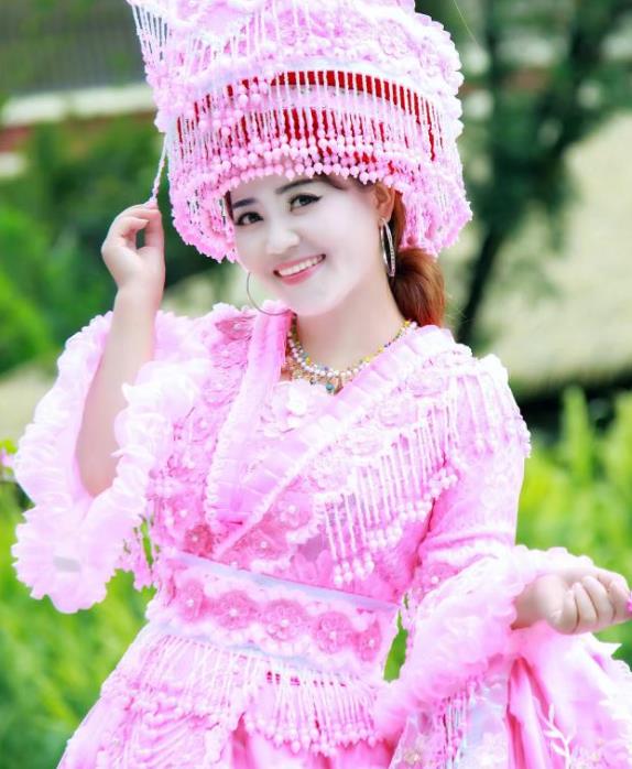 Miao Minority Bride Pink Dress China Traditional Ethnic Clothing Women Folk Dance Apparels with Headwear
