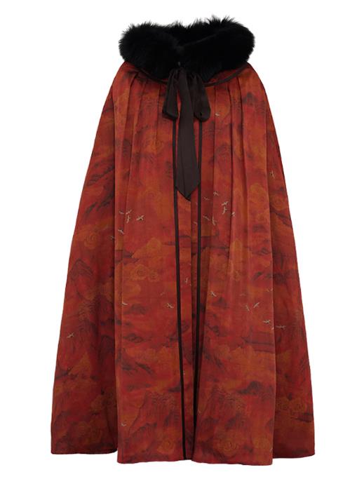 China National Red Gambiered Guangdong Gauze Cape Winter Women Clothing Li Ziqi Silk Cloak