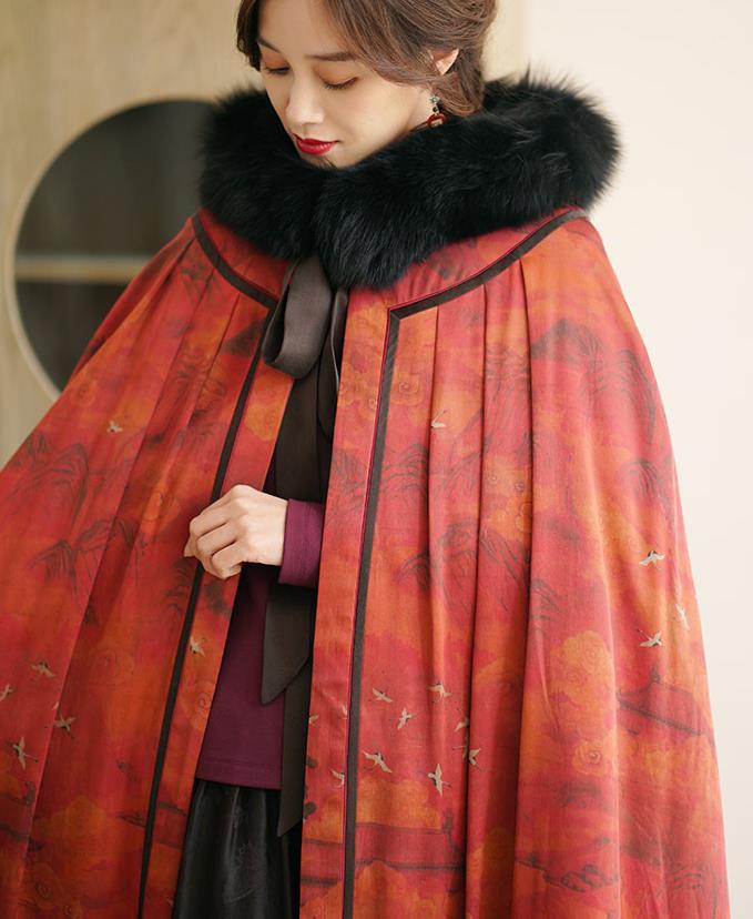 China National Red Gambiered Guangdong Gauze Cape Winter Women Clothing Li Ziqi Silk Cloak