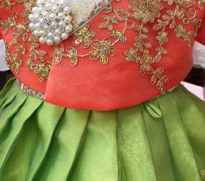 Asian Korea Girl Red Blouse and Green Dress Korean Children Garments Fashion Traditional Festival Hanbok Clothing